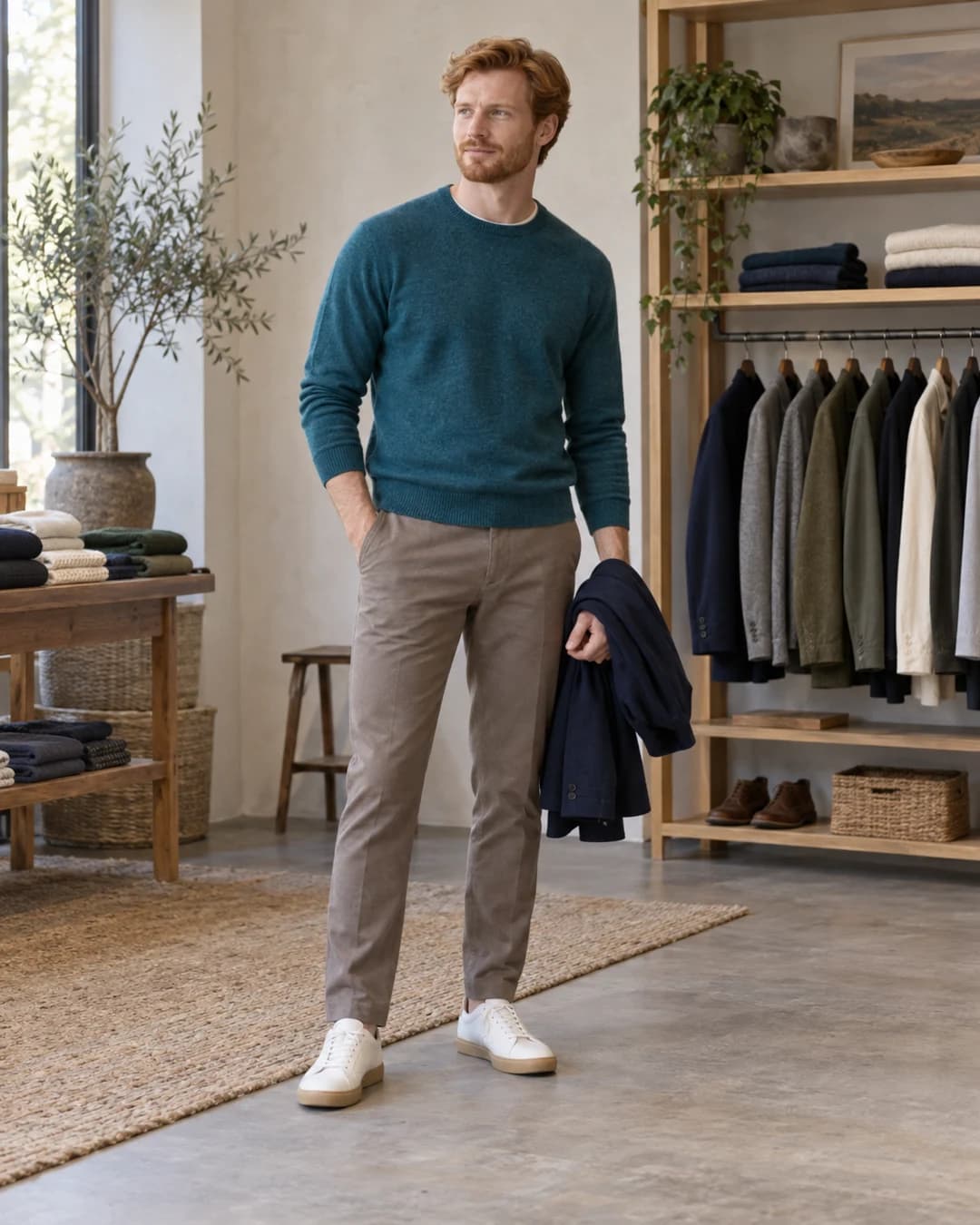 Red-haired man in a teal sweater and taupe trousers holding a navy jacket in a clothing boutique