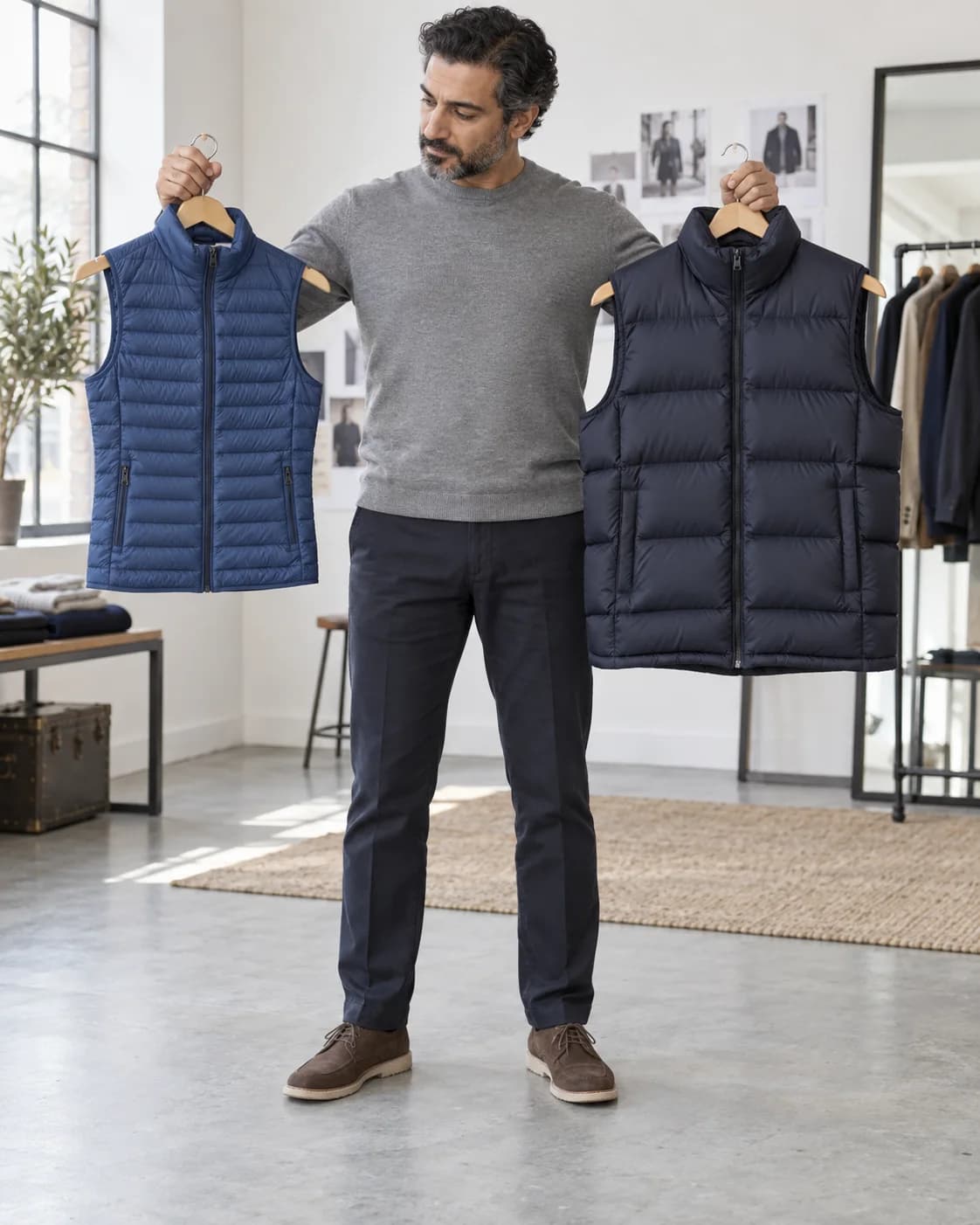 Adult man comparing a lightweight blue down gilet with a fuller quilted puffer vest before choosing a layer