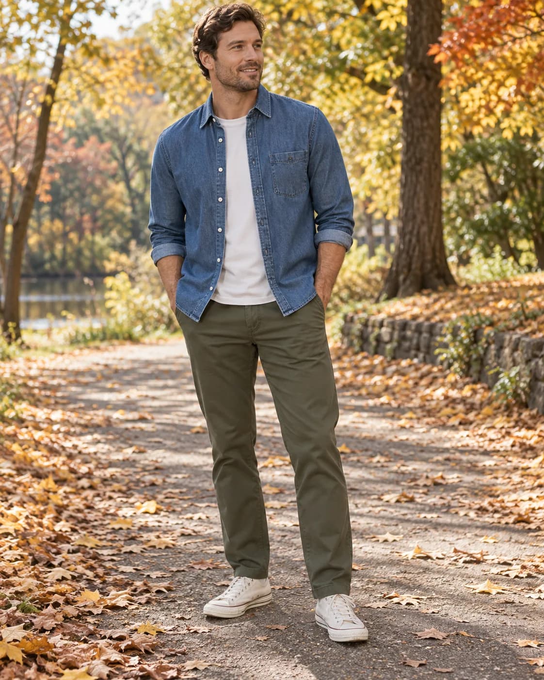 Adult white man wearing an open medium-blue denim shirt over a cream tee with olive chinos and off-white canvas sneakers in a leafy park