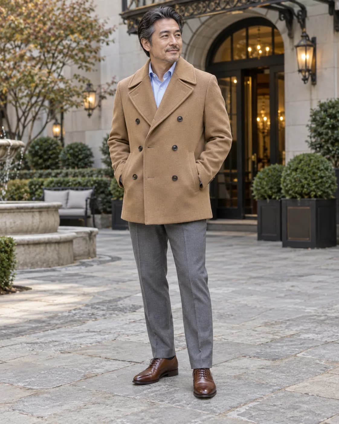Middle-aged East Asian man wearing a camel double-breasted peacoat over a light blue shirt with gray trousers and brown dress shoes outside a hotel