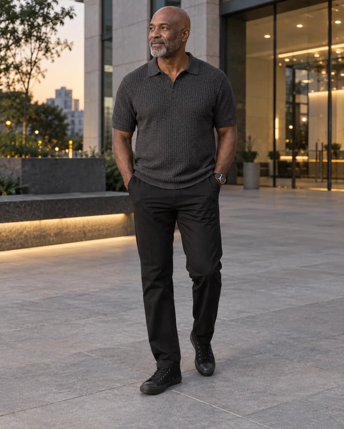 Mature adult man wearing black low-top canvas sneakers, black straight trousers and a charcoal knit polo near a modern building
