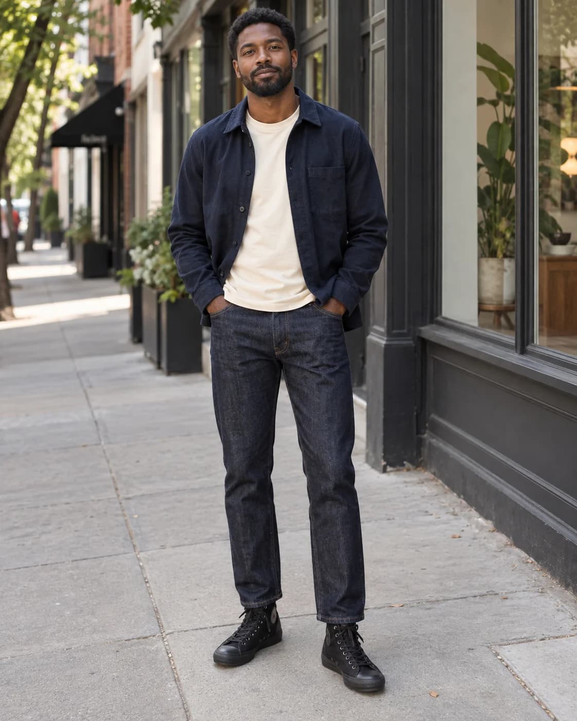 Adult Black man in black high-top canvas sneakers, dark straight jeans, cream tee and navy overshirt on a city sidewalk