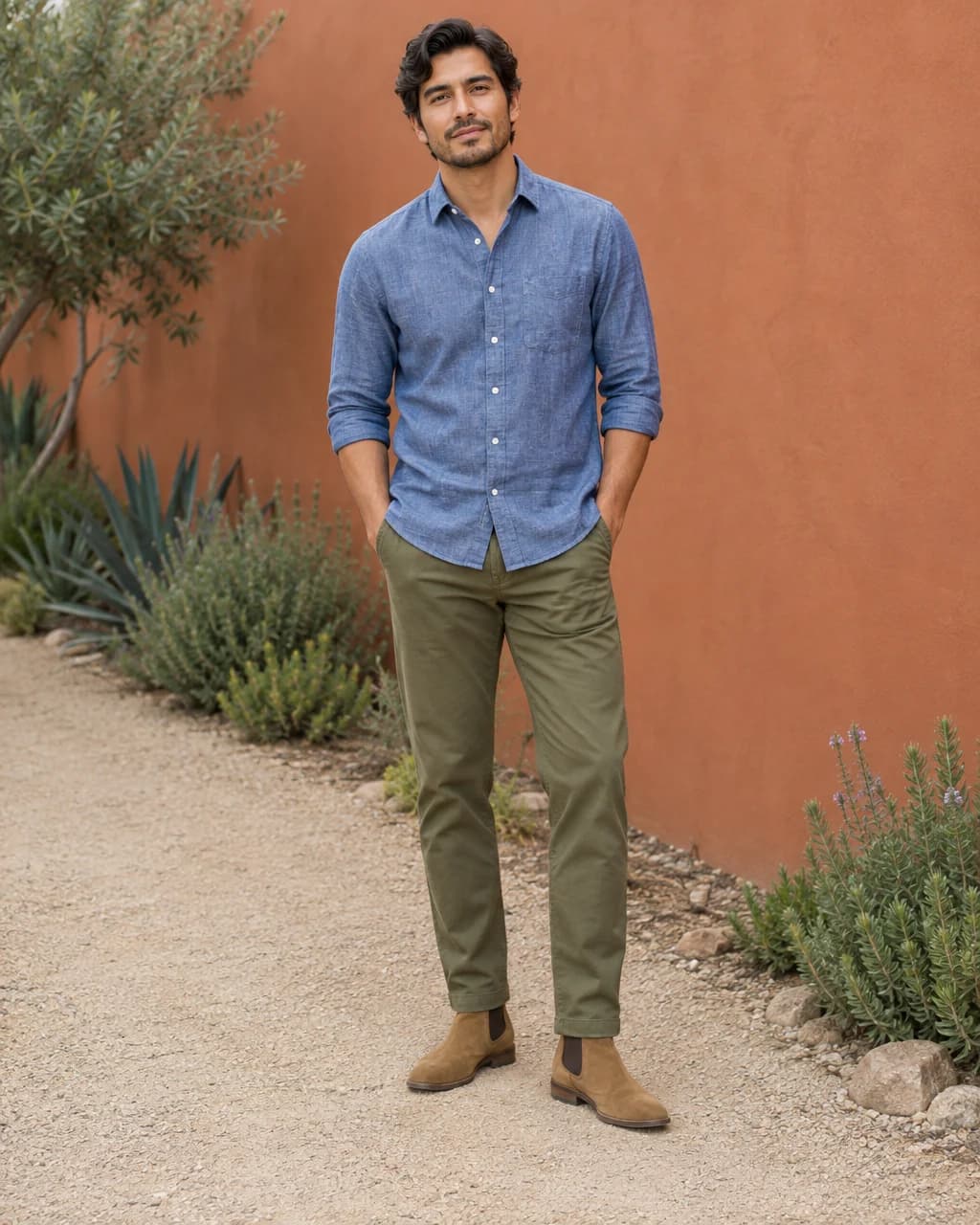 Man wearing blue chambray shirt and olive chinos with tan suede Chelsea boots by a terracotta wall