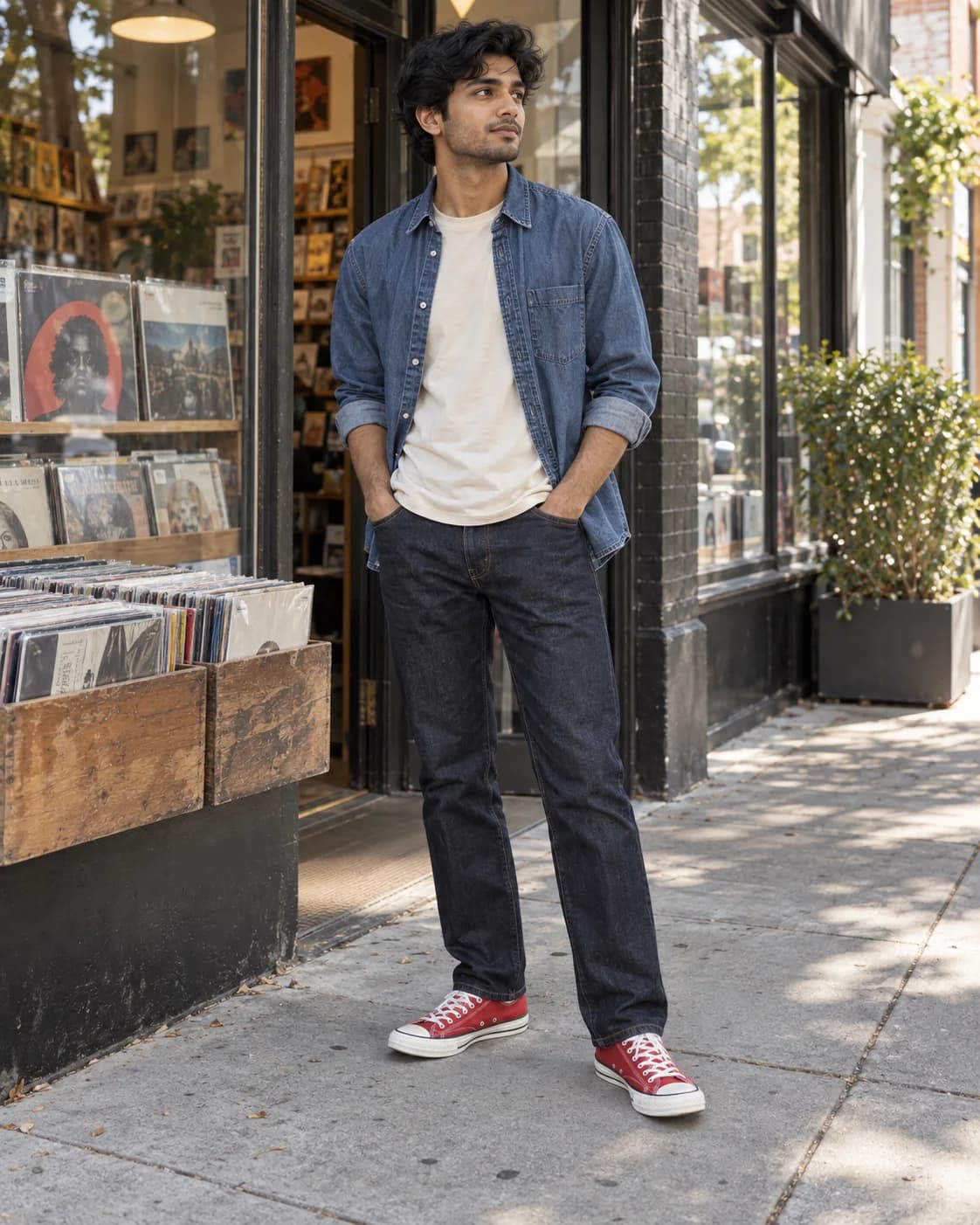 Young adult South Asian man wearing red low-top canvas sneakers with dark jeans, cream tee and open blue denim shirt outside a record shop