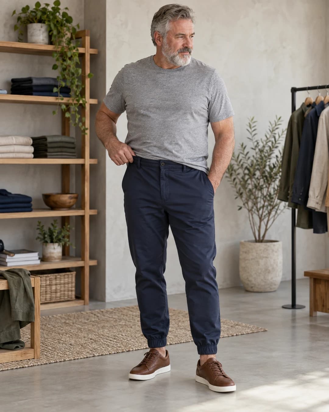 Man checks the fit of woven chino joggers at the waistband and cuff