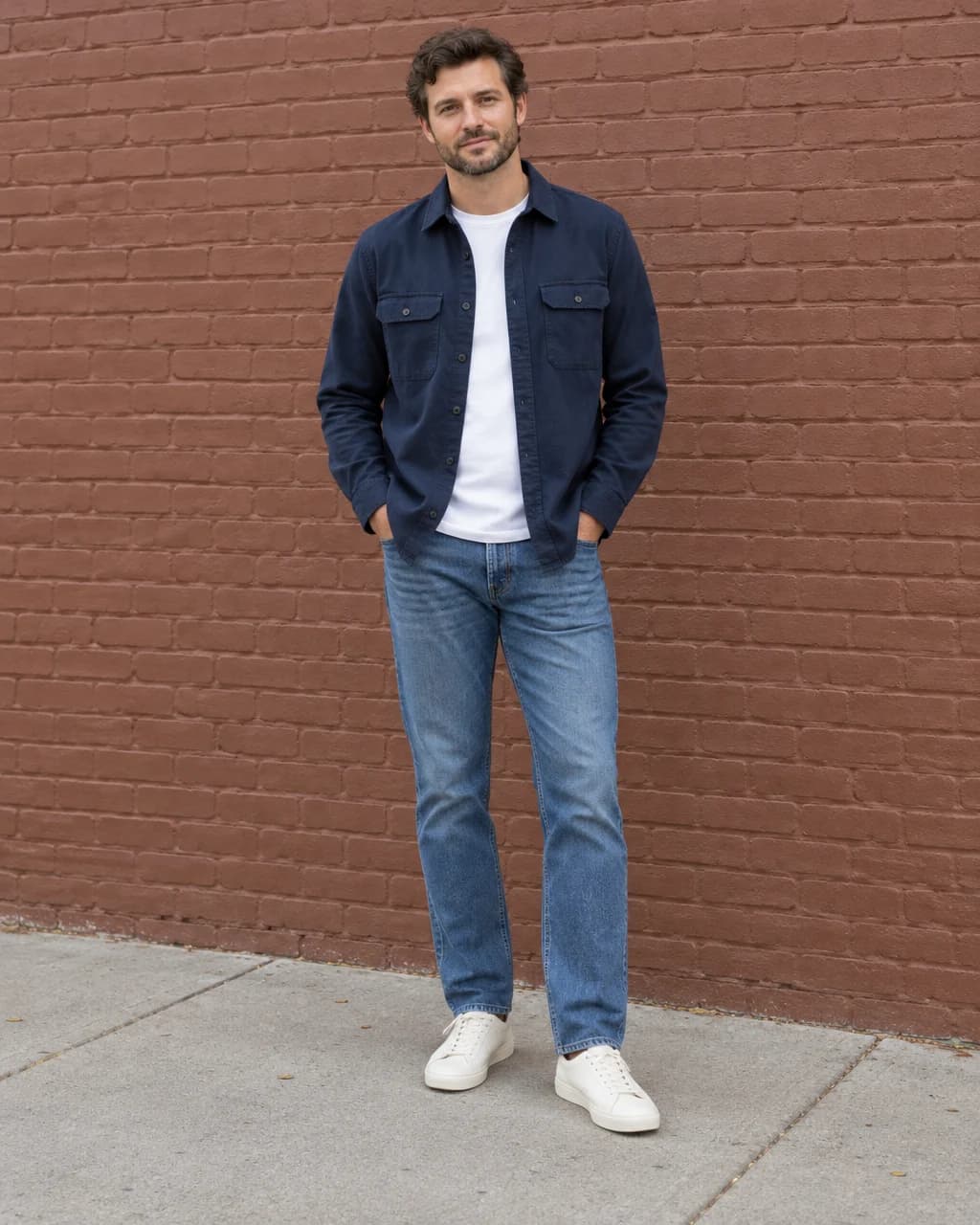 Man in an open navy overshirt, white tee, blue jeans and off-white sneakers by a brick wall