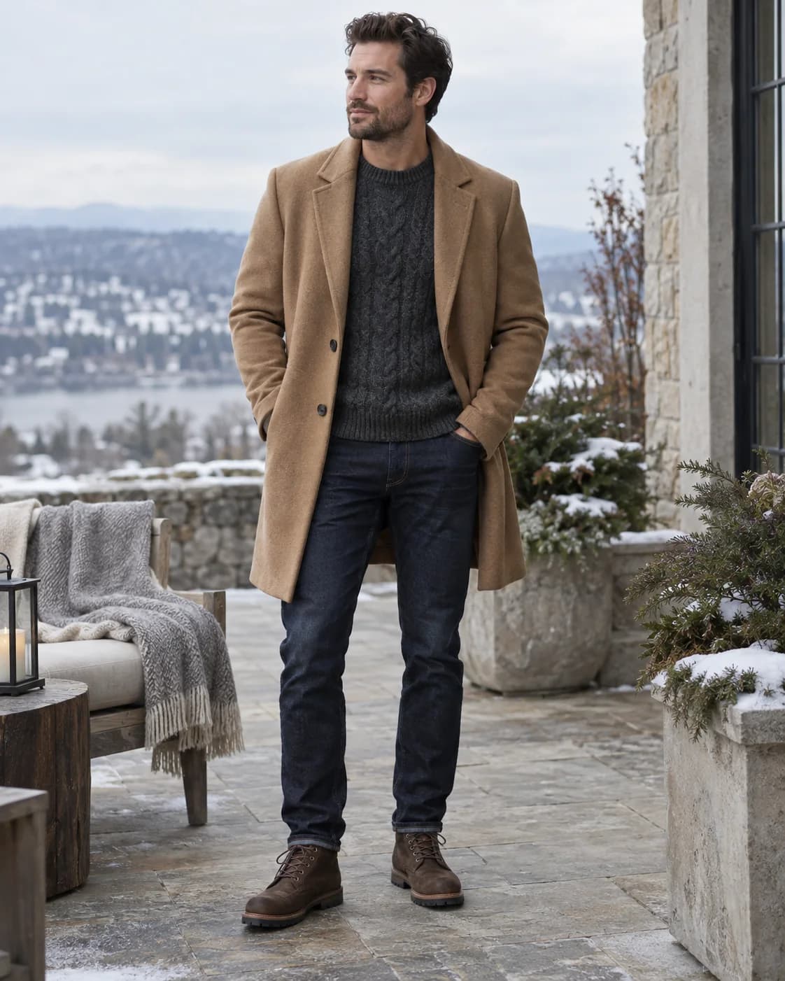 Man wearing an olive cable-knit sweater with light ecru jeans and brown suede boots on a park path