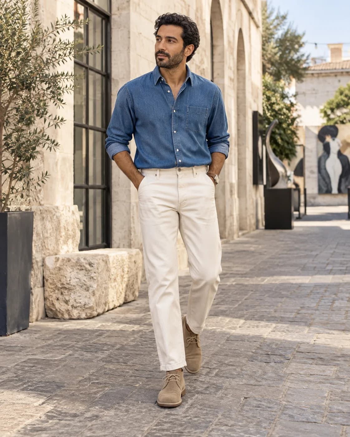 Man wearing a mid-blue denim shirt, ecru jeans and sand suede desert boots on a pale stone street