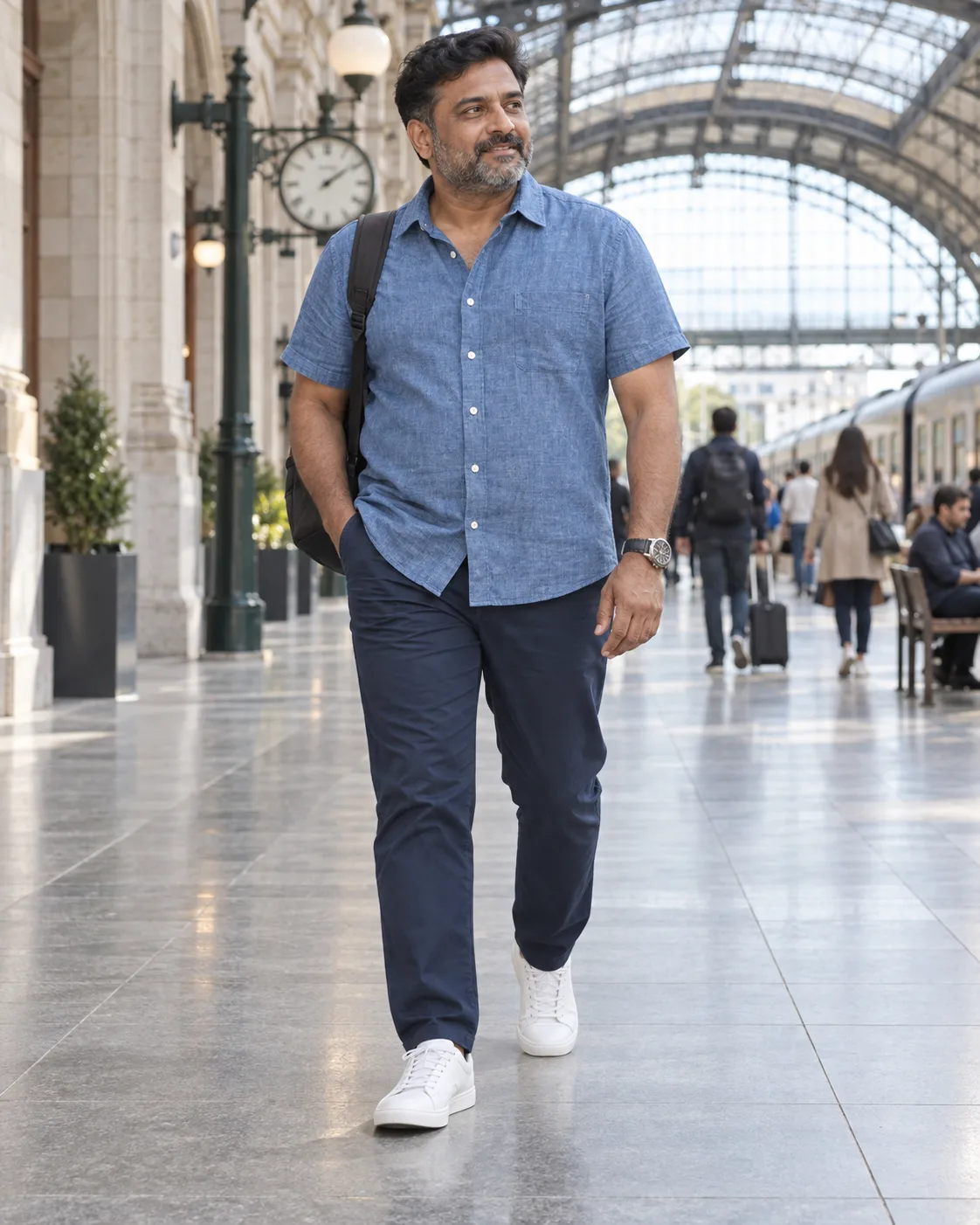 Latino man in a medium-blue short-sleeve chambray shirt, navy chinos and clean white sneakers on a city walk