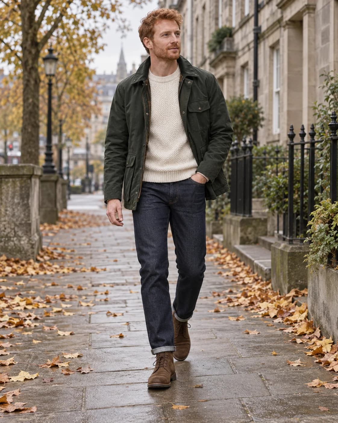 Red-haired man in a forest green jacket, cream sweater, dark jeans and brown boots