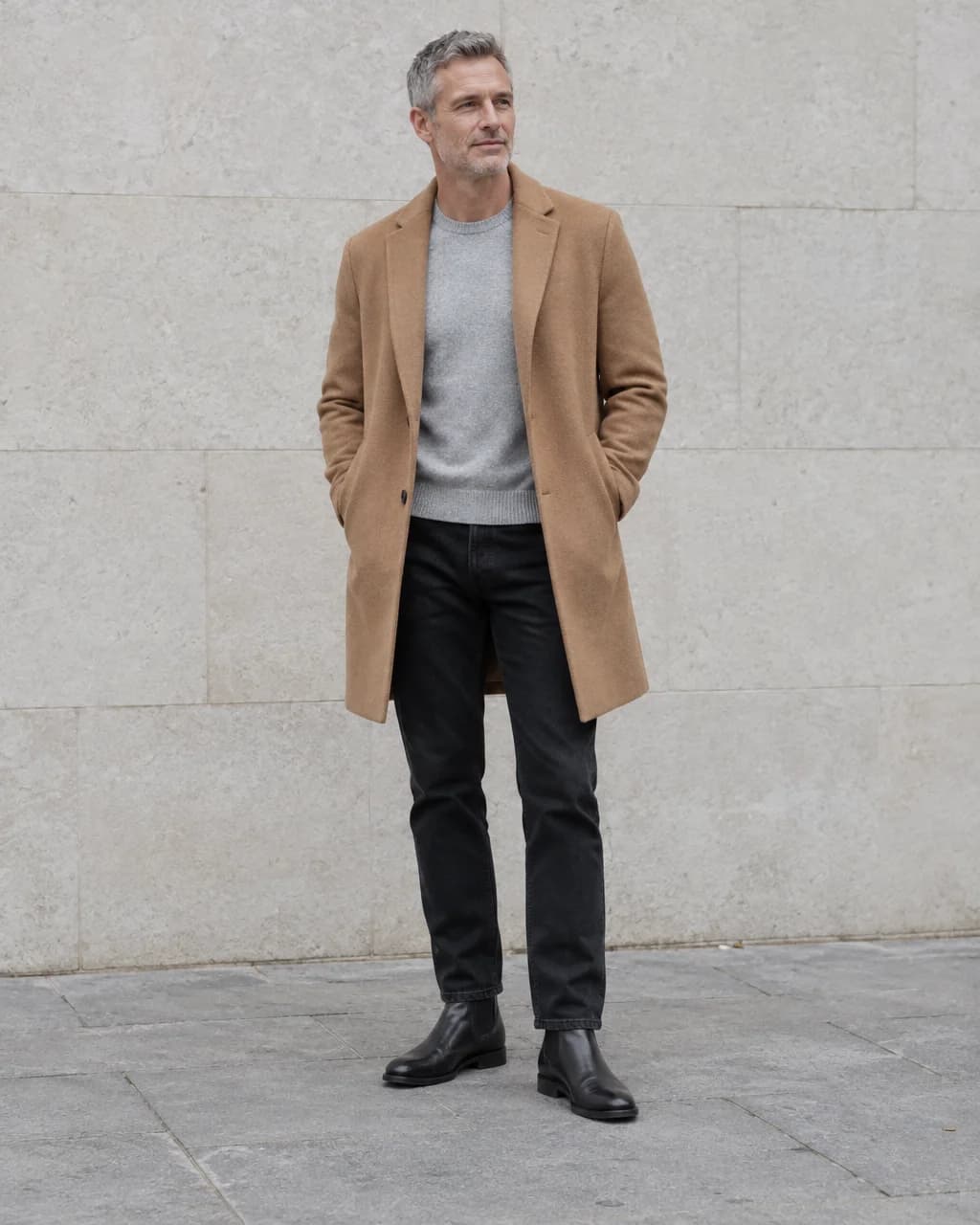 Man in camel overcoat and grey sweater with black jeans and black leather Chelsea boots