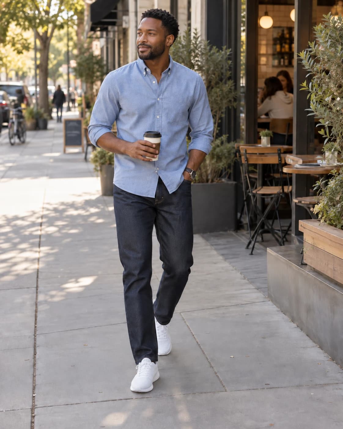 Blue Oxford shirt with dark indigo jeans and white low-profile mesh Roshe One trainers on an adult man outside a cafe