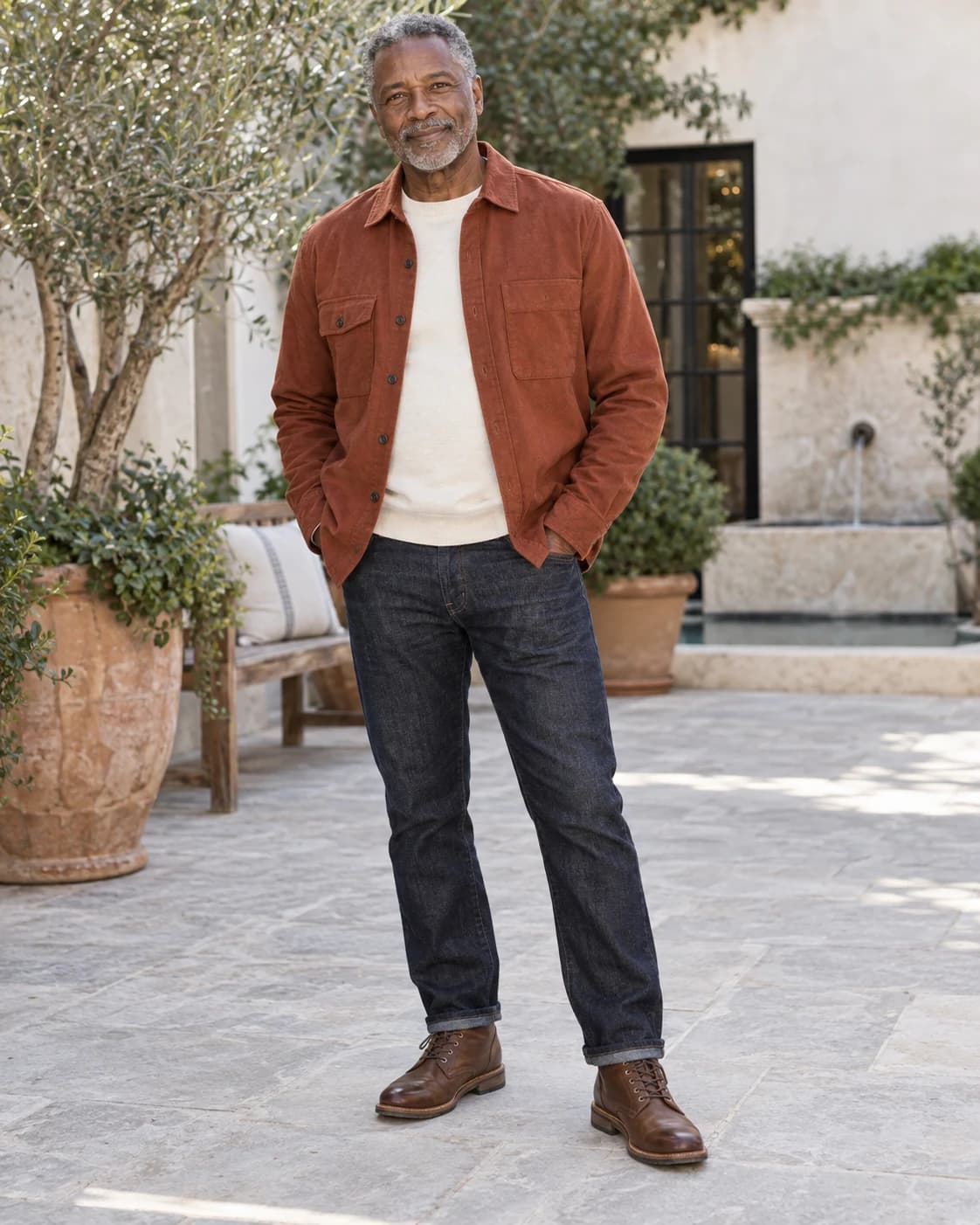 Mature Black man wearing a muted rust overshirt, cream crewneck, dark jeans and brown boots in a bright courtyard
