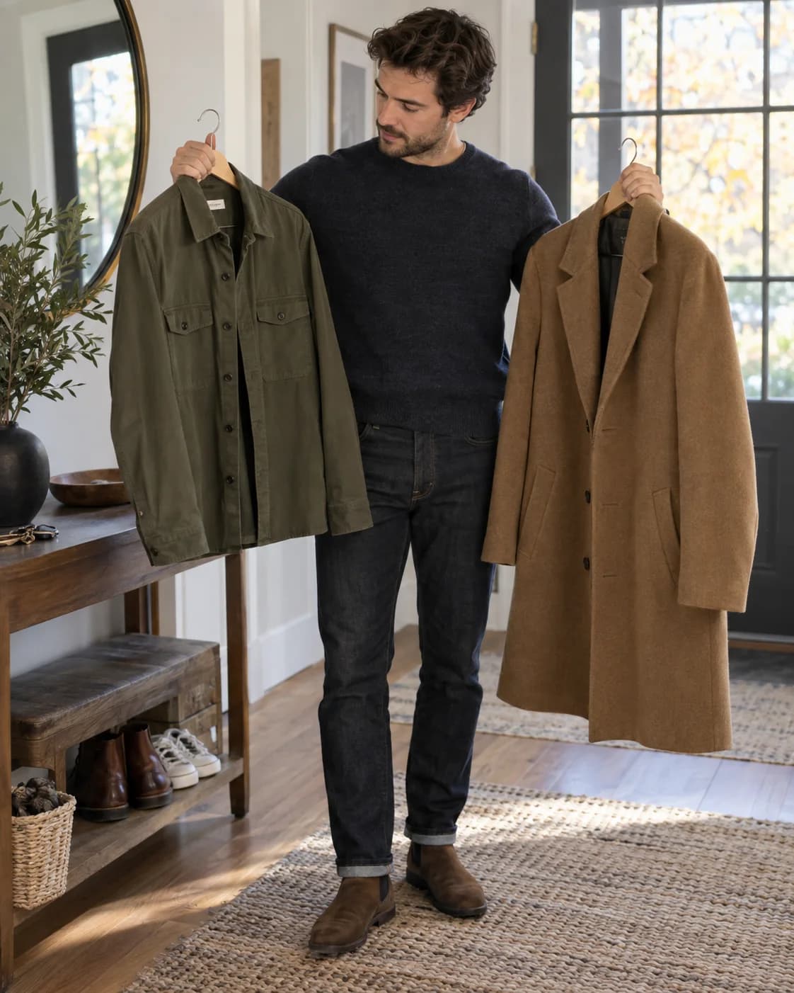 Adult man comparing a lightweight overshirt and a heavier wool coat to choose fall layers