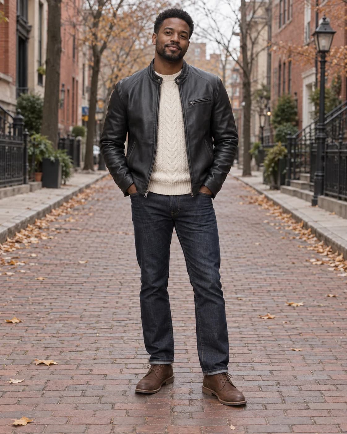 Adult Black man wearing a black leather café-racer jacket over a cream cable-knit crewneck, dark indigo jeans and brown chukka boots on a brick-lined city street