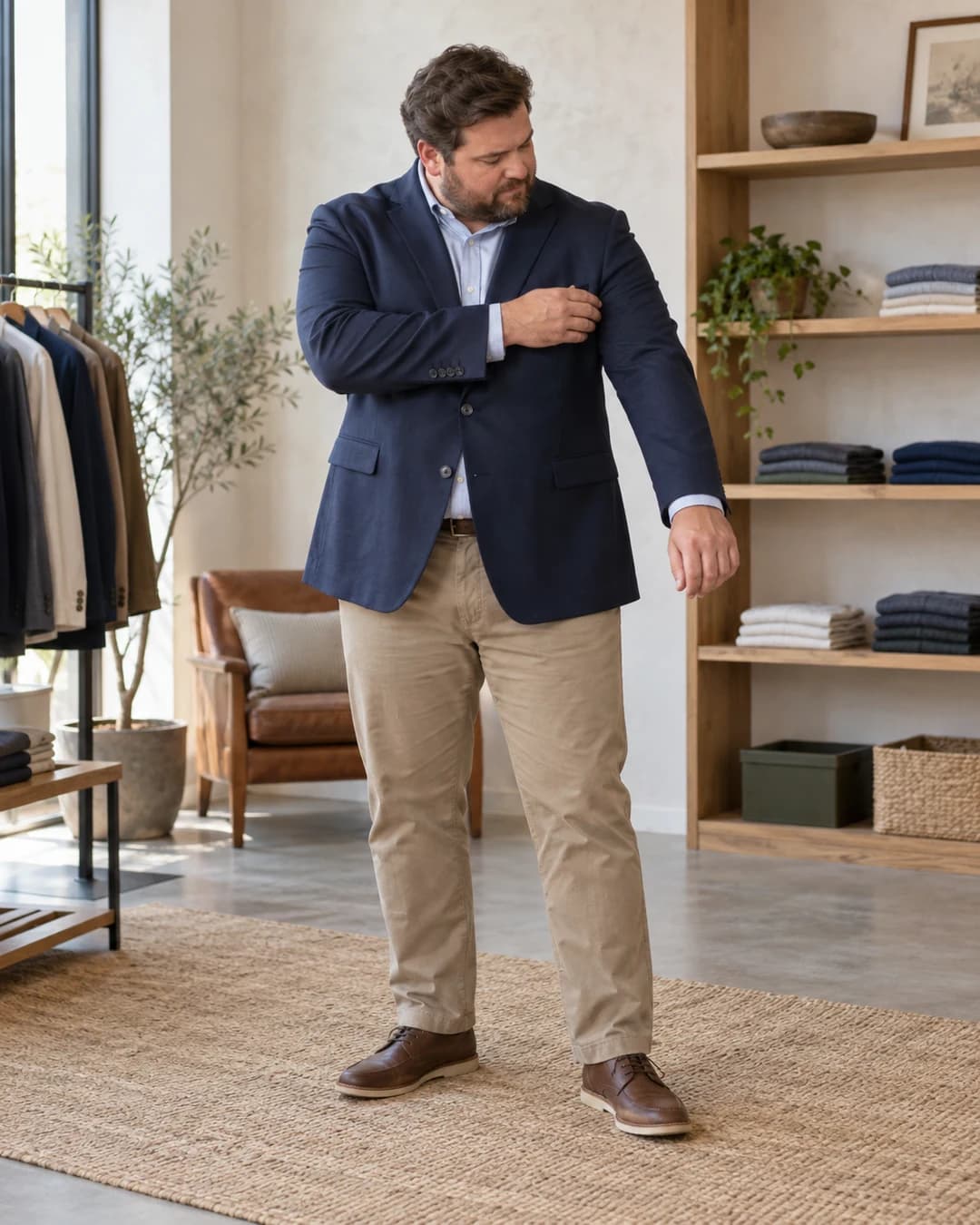 A larger man checks the shoulder and sleeve fit of a navy jacket