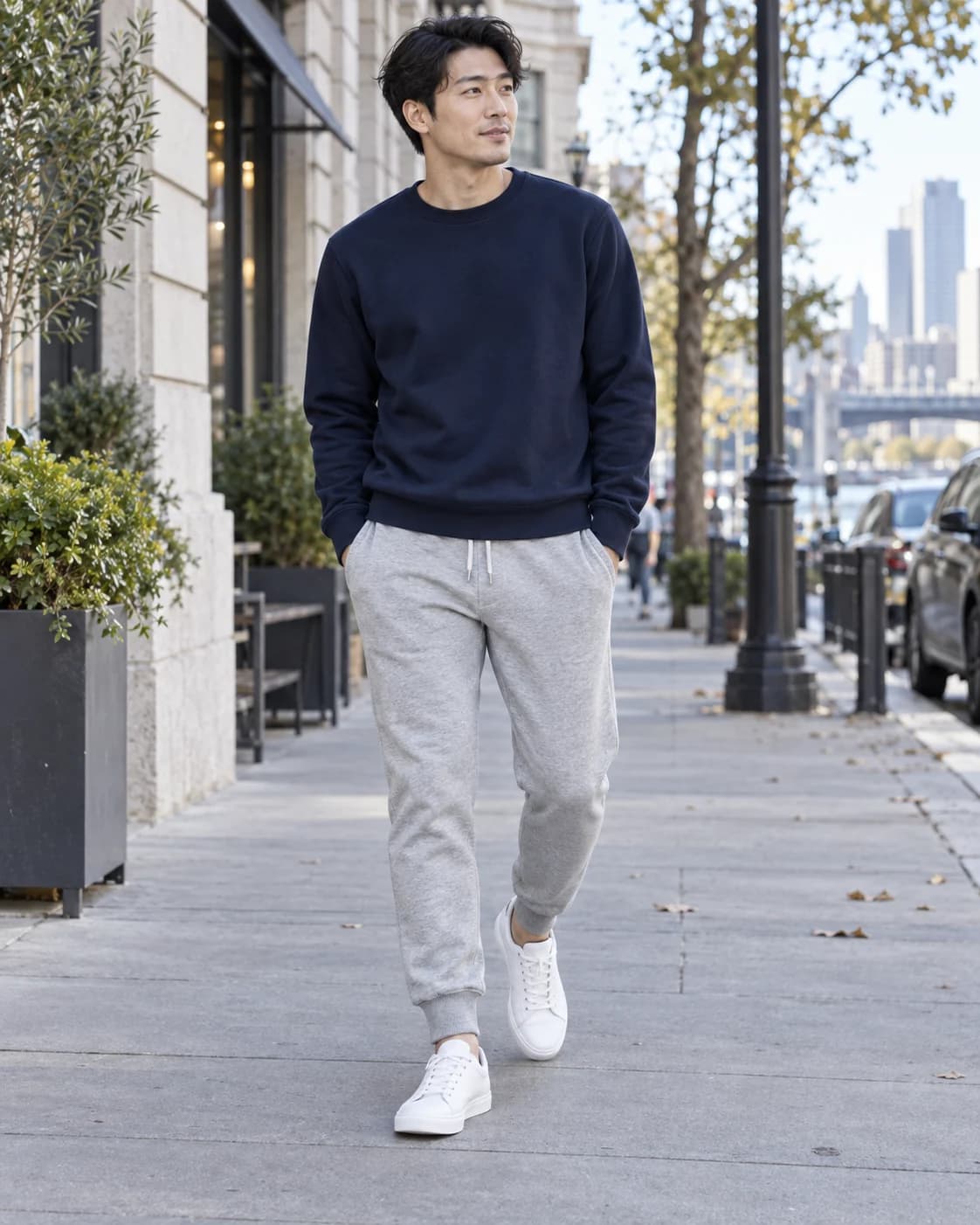 East Asian man wearing light-gray fleece joggers with a navy crewneck sweatshirt and white trainers