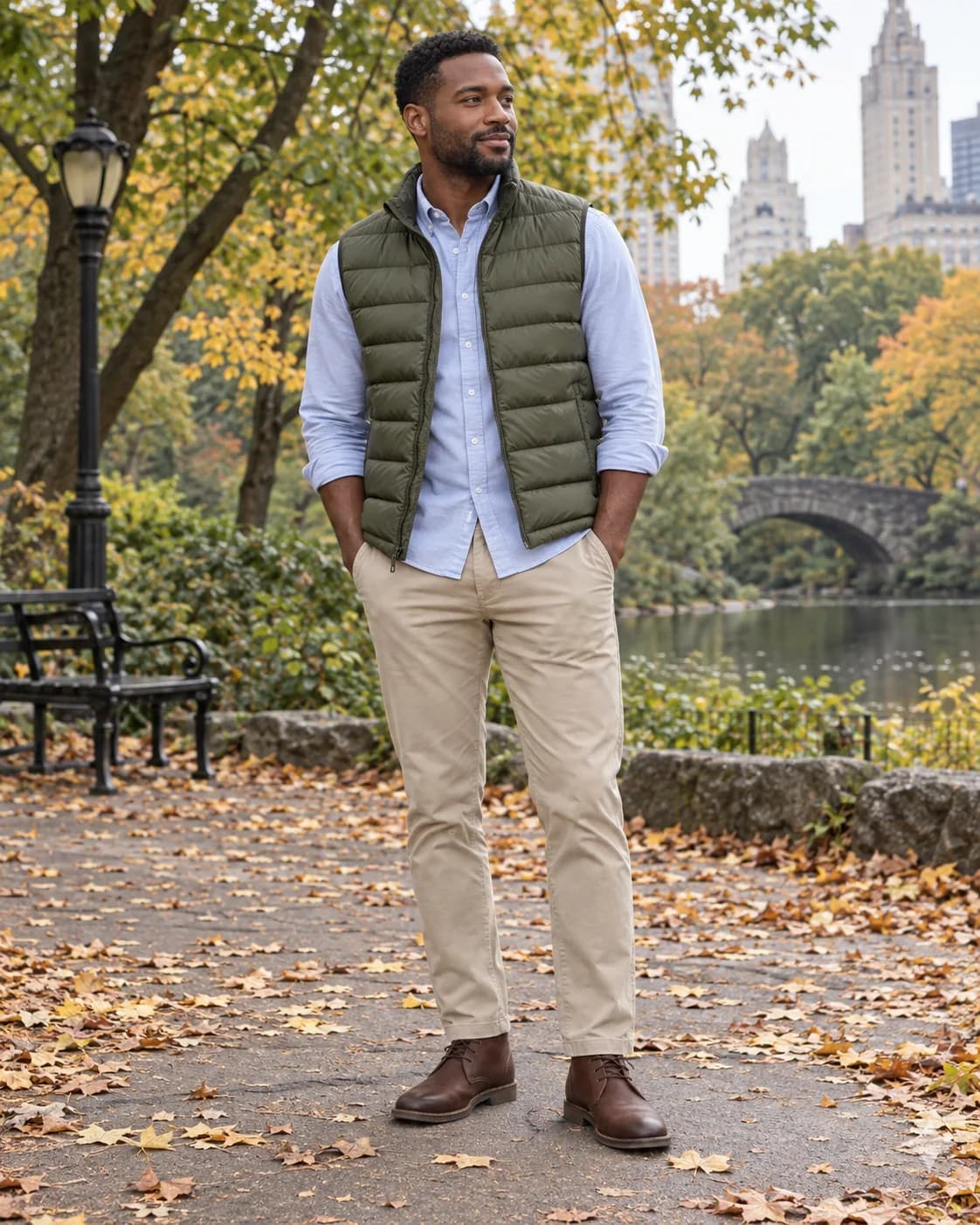 Adult Black man wearing an olive quilted down vest over a blue Oxford with stone chinos and brown chukka boots on a leafy walkway