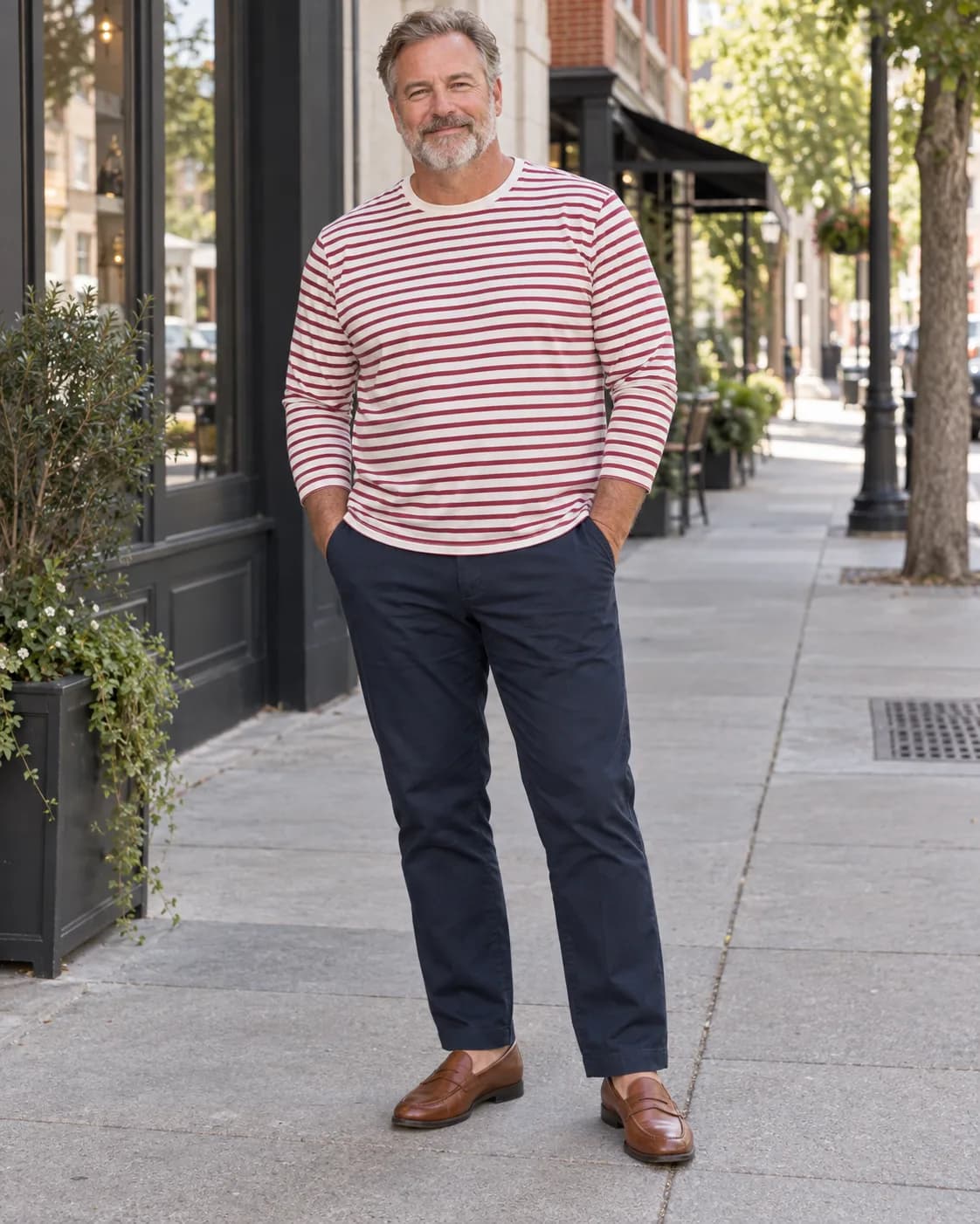 White man in a red-and-white striped long-sleeve tee, navy chinos and cognac loafers on a city sidewalk