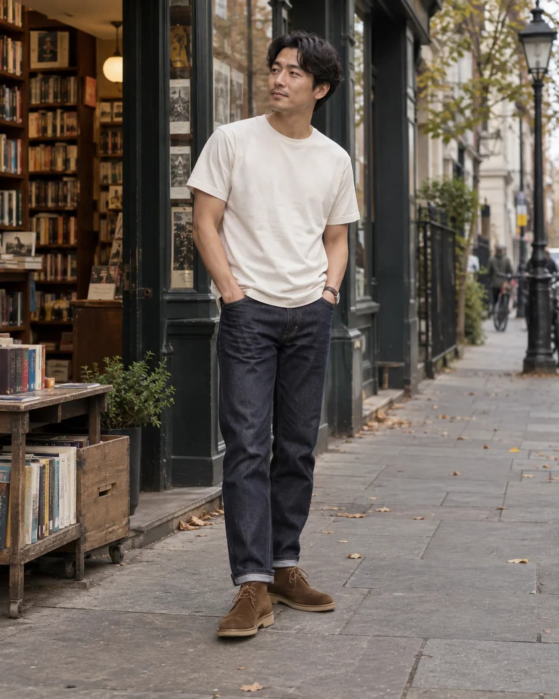 Man in a cream T-shirt, straight dark indigo jeans and brown suede chukka boots outside a bookstore