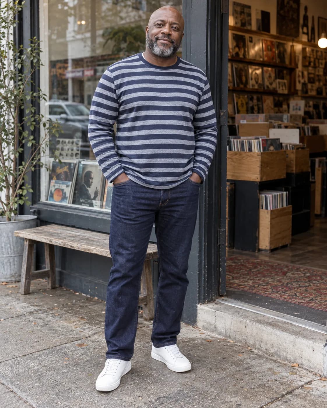 Black man wearing a navy-and-light-gray striped long-sleeve tee with dark-indigo jeans and white sneakers