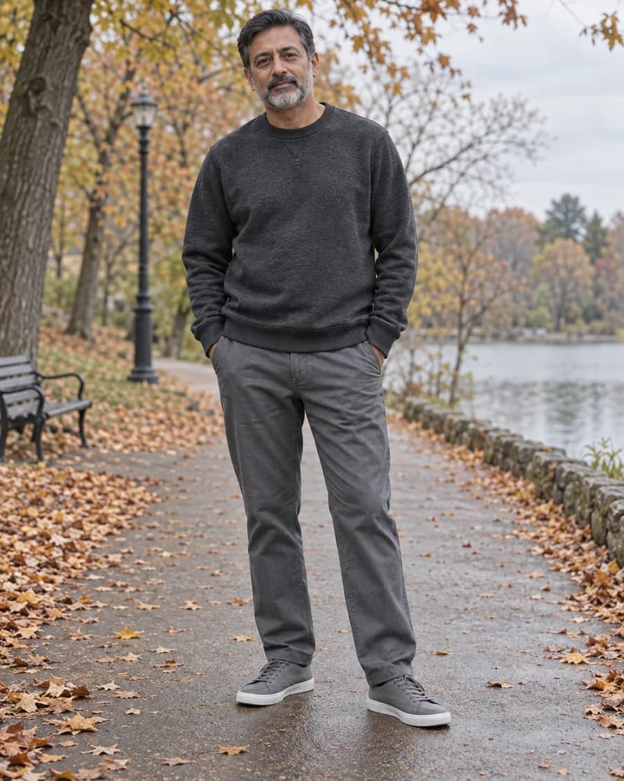 Man wearing a charcoal sweatshirt, dark gray relaxed trousers and gray sneakers on an autumn walk