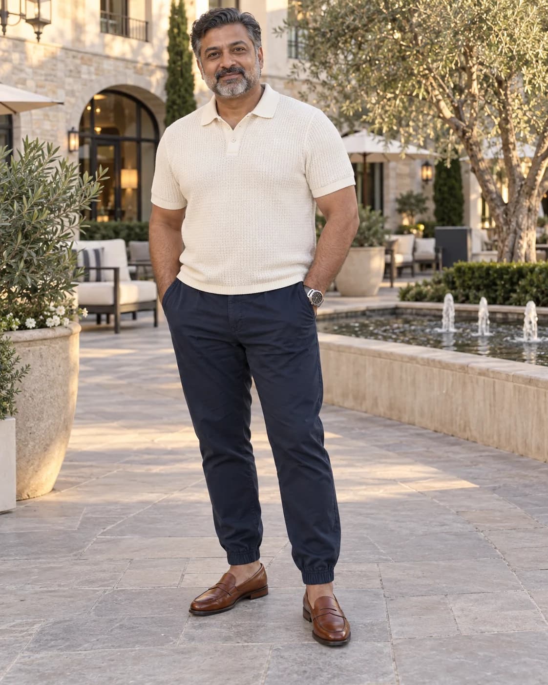 South Asian man in midnight-blue chino joggers, a cream knit polo and cognac penny loafers