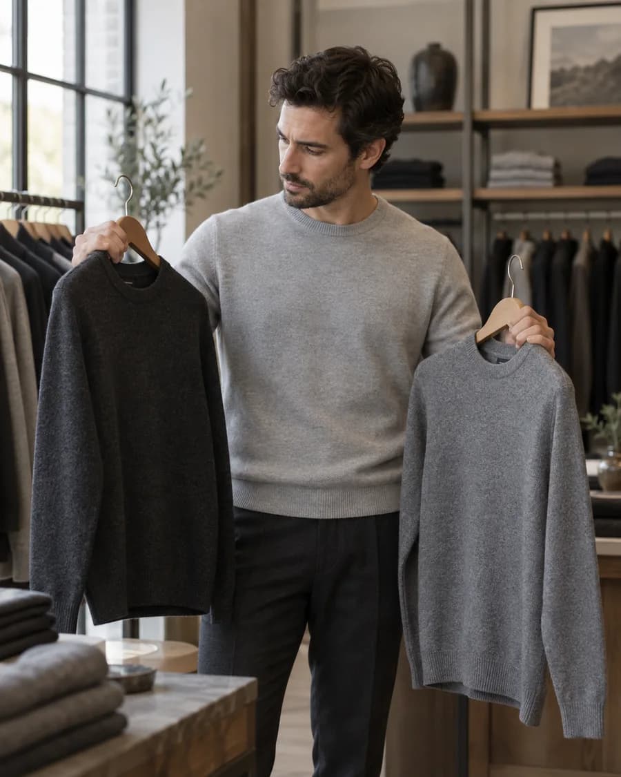 Man comparing gray sweaters in a menswear shop