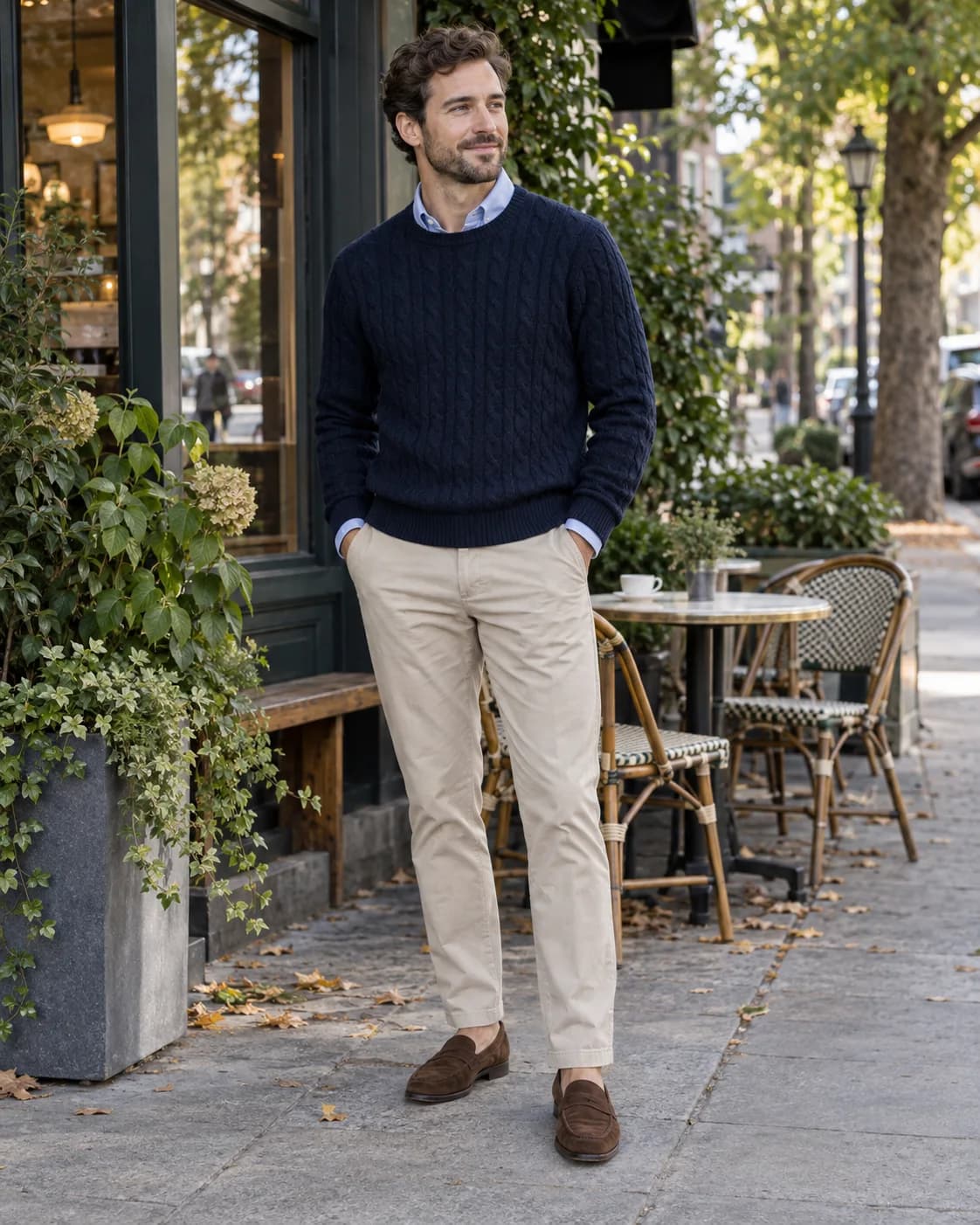 Man in a navy cable-knit sweater over a blue shirt with stone chinos and brown loafers