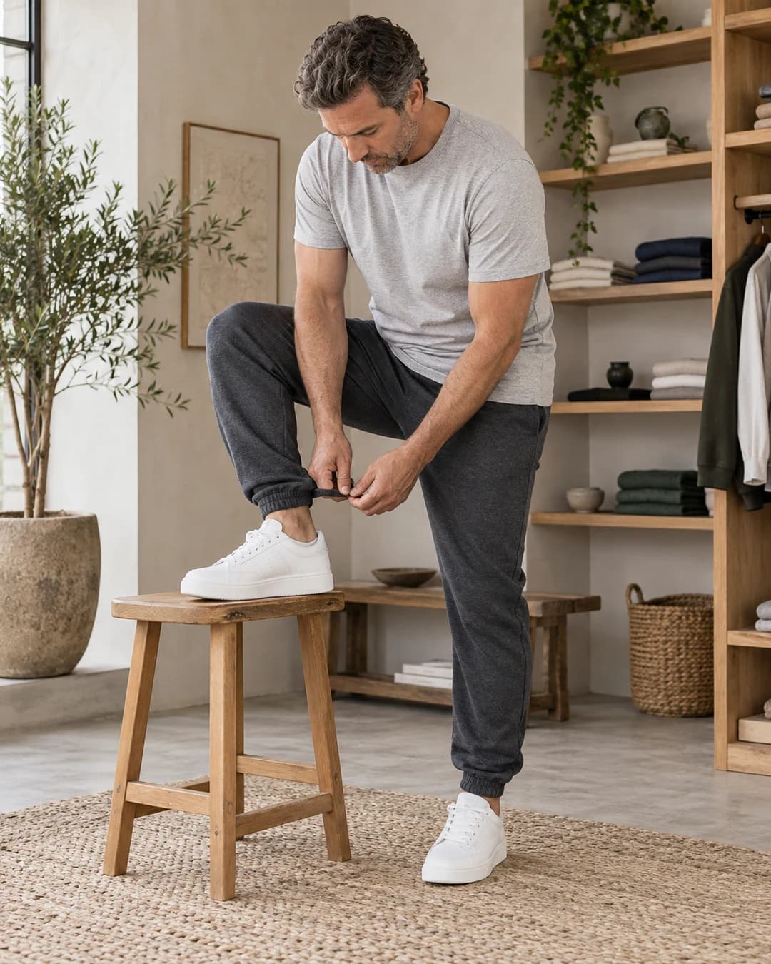 Man checks the waistband, taper and ankle cuff of fleece joggers