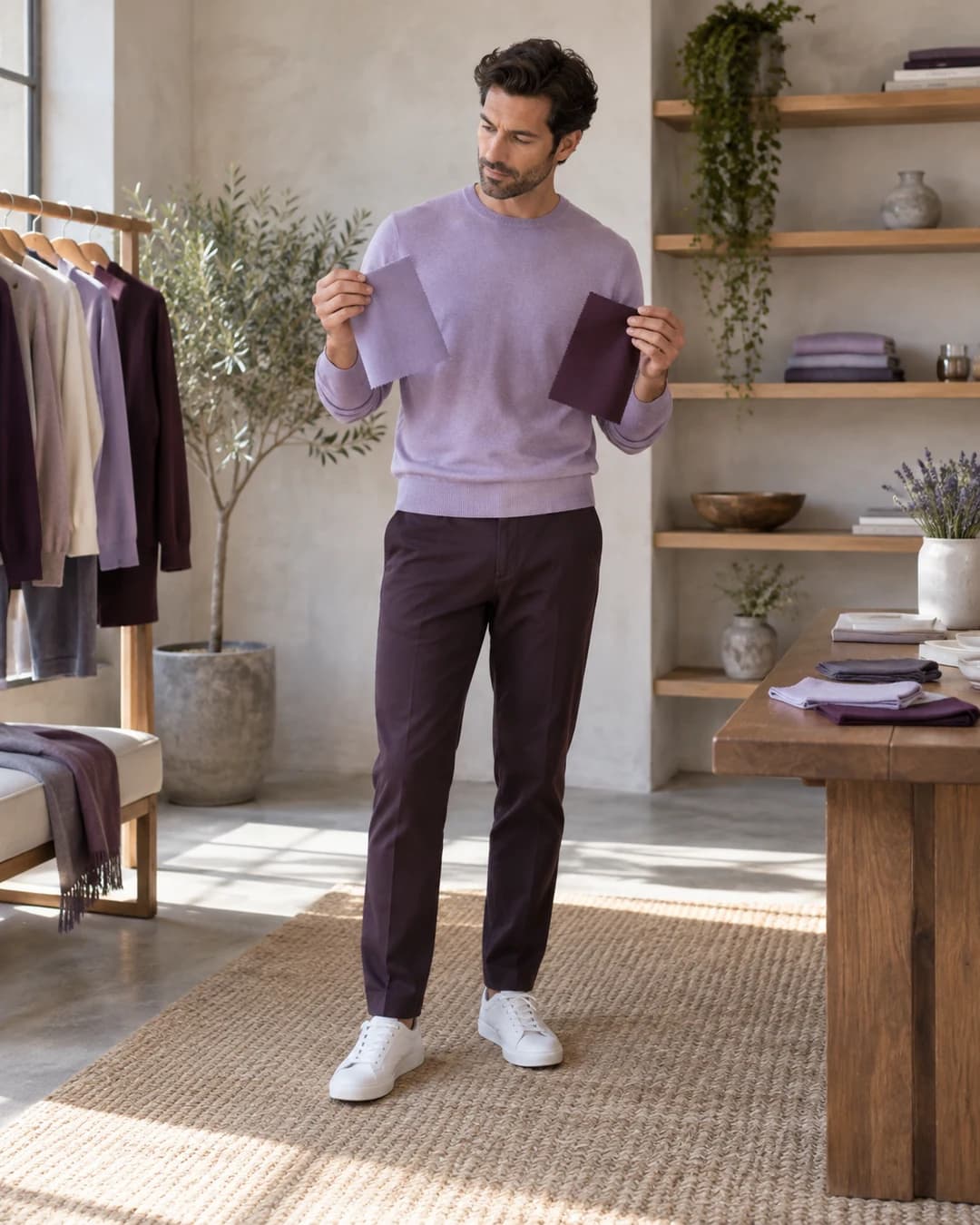 Man comparing lavender and plum fabric swatches