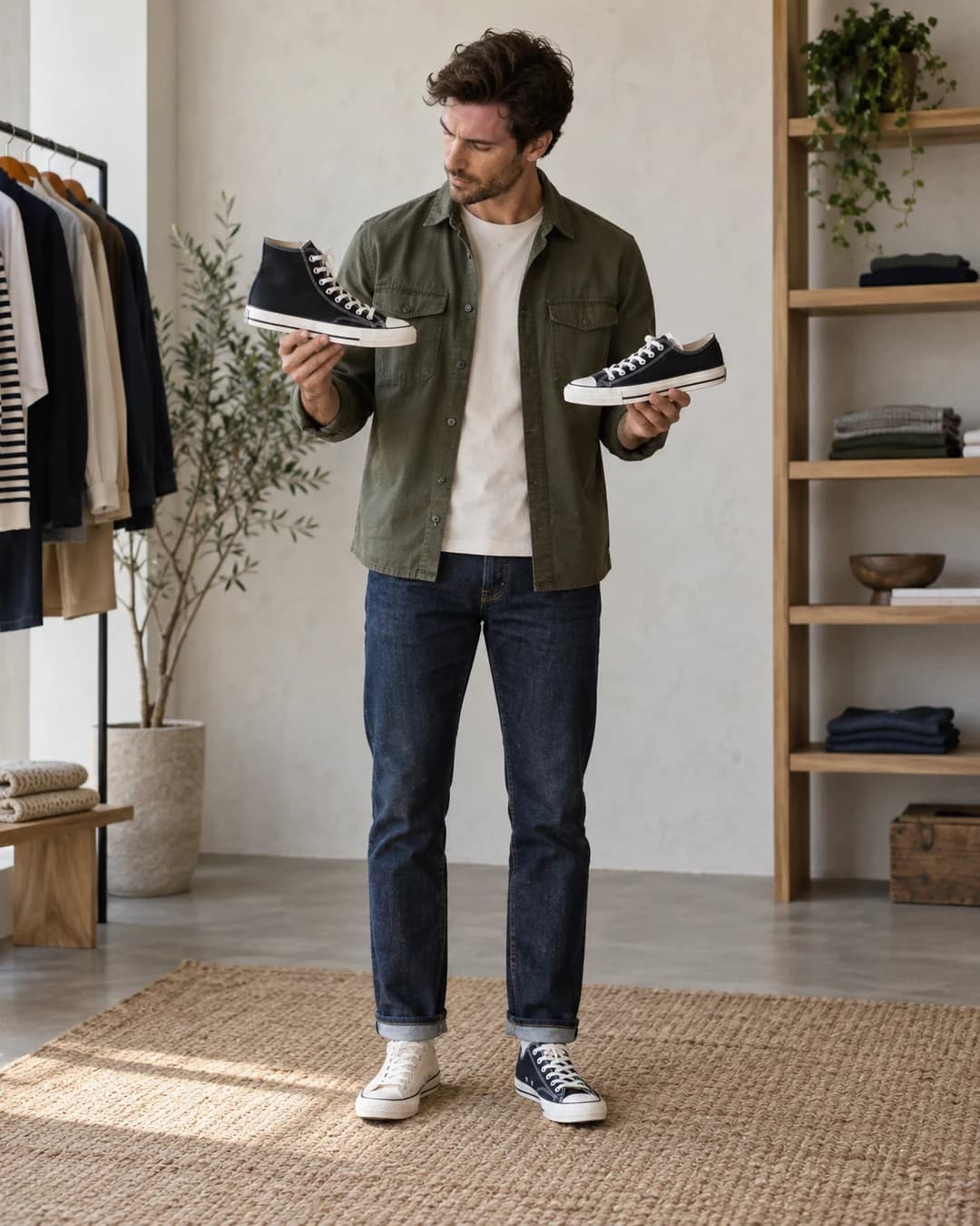 Adult man comparing high-top and low-top canvas sneakers side by side