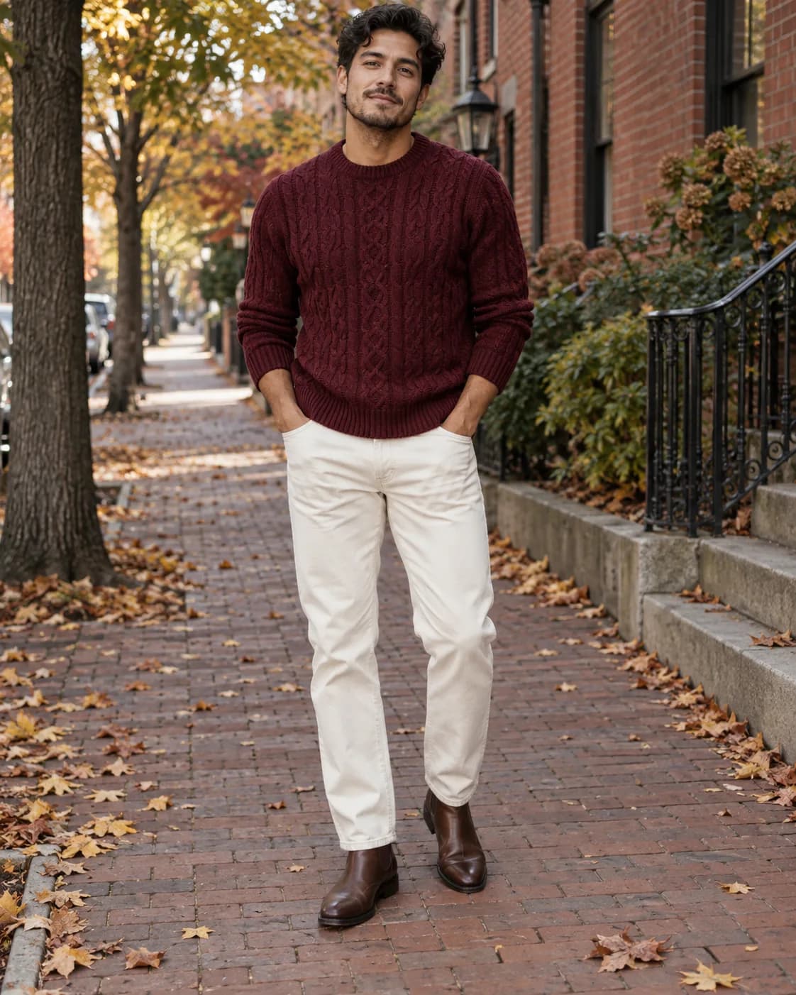 Young adult Latino man wearing a burgundy cable-knit sweater, ecru jeans and brown ankle boots on a fall sidewalk