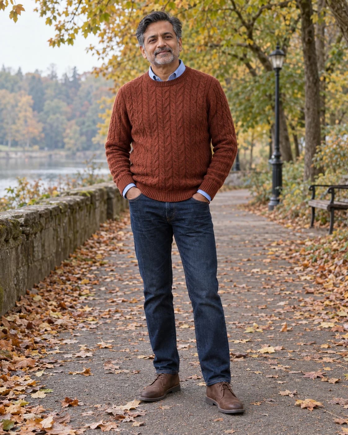 Adult South Asian man in a rust cable-knit sweater layered over a pale-blue shirt with dark jeans and brown chukka boots
