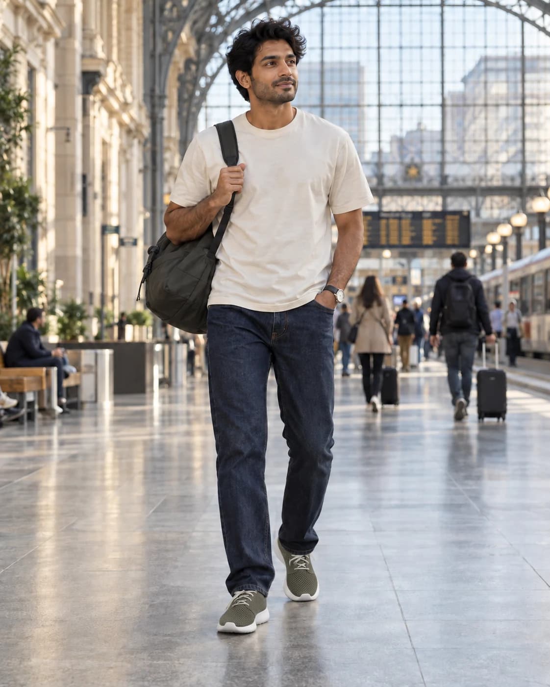 Cream crewneck tee and dark indigo jeans with cargo-khaki and white Roshe One running-inspired sneakers on an adult man in a station concourse