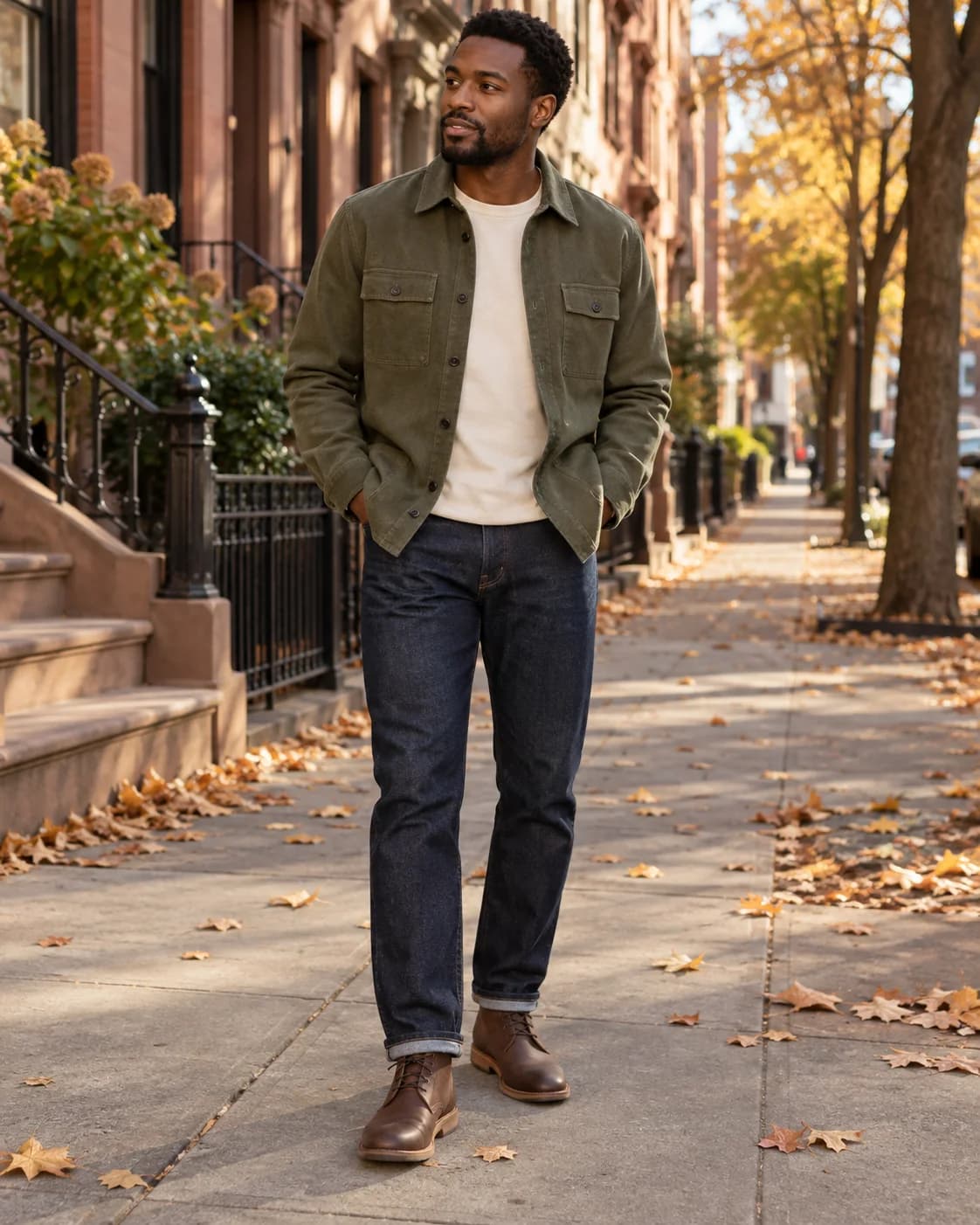 Adult Black man wearing an olive overshirt over a cream tee with dark jeans and brown chukka boots on an autumn city street