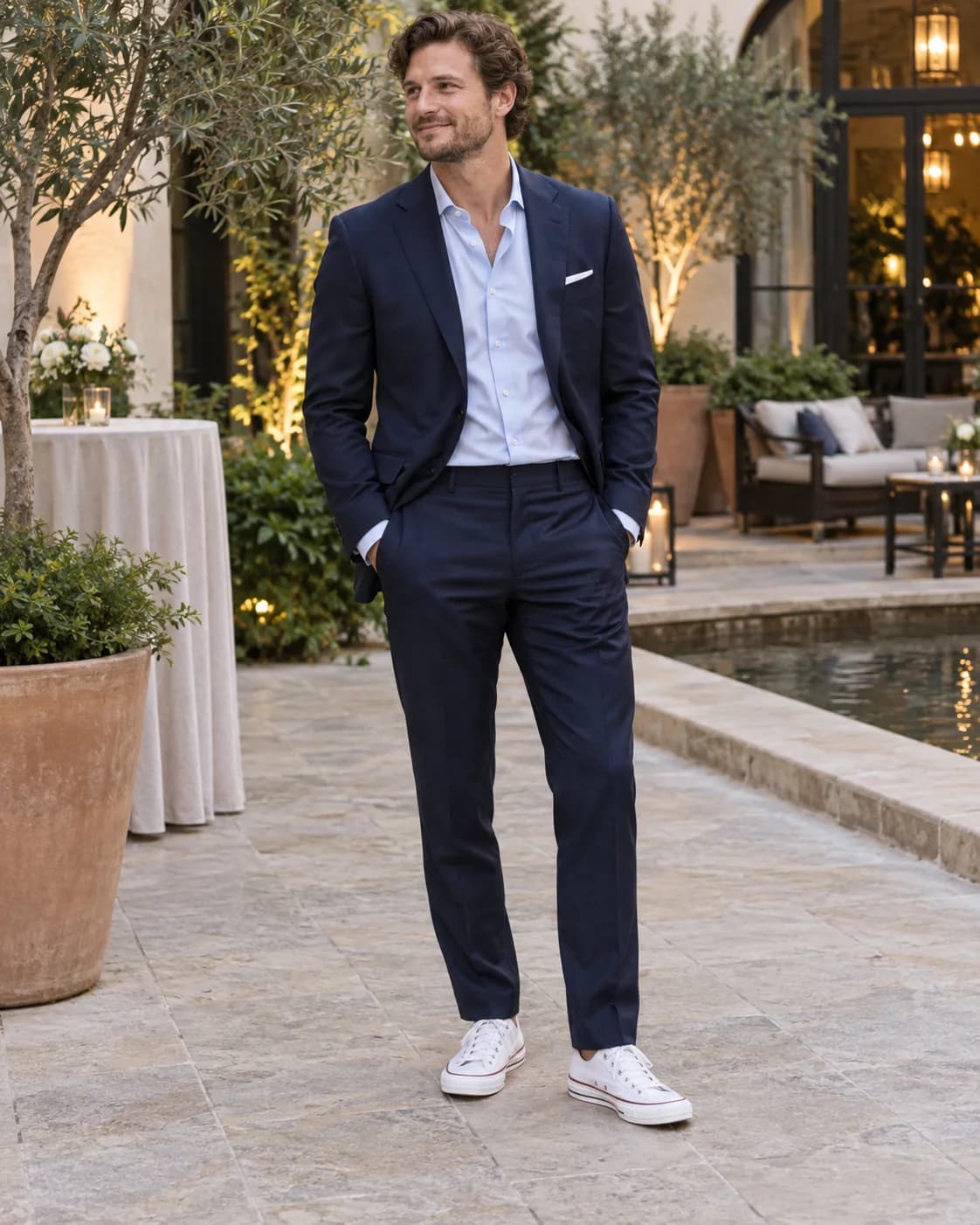 Adult white man wearing a navy suit with a light blue shirt and optical white low-top canvas sneakers in a courtyard