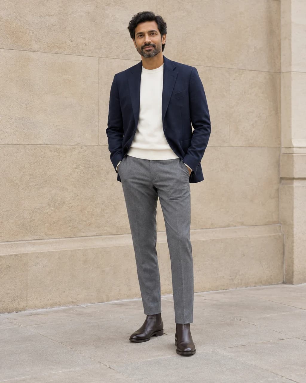 Man in navy blazer, ivory sweater and grey trousers wearing dark brown leather Chelsea boots