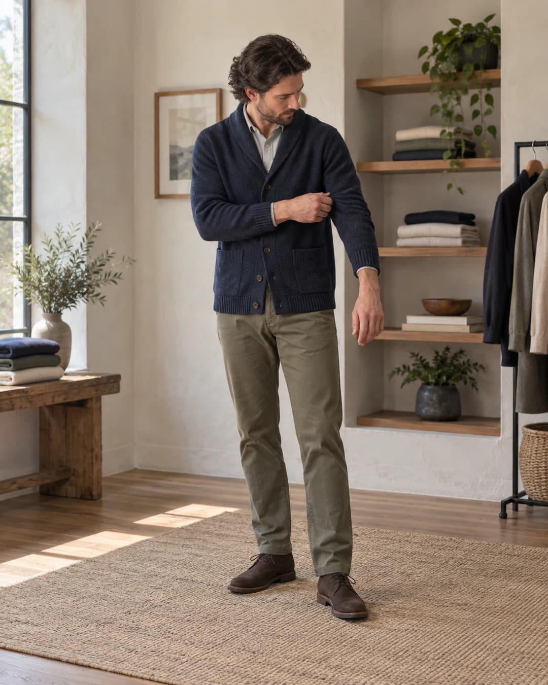 Man checks the shoulder and sleeve fit of a shawl-collar cardigan