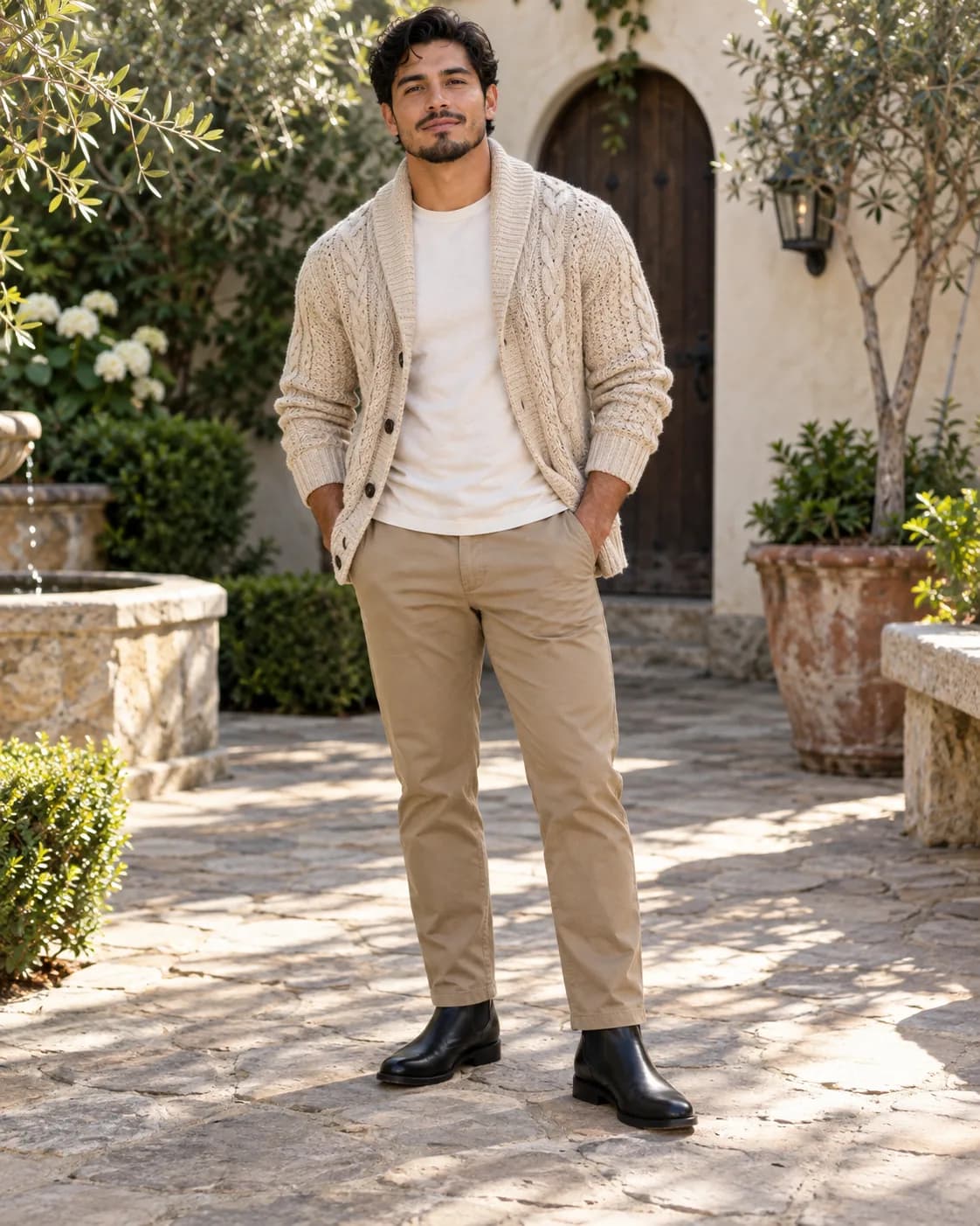 Latino man wearing an oatmeal shawl-collar cable cardigan, cream tee, khaki chinos and black Chelsea boots in a garden