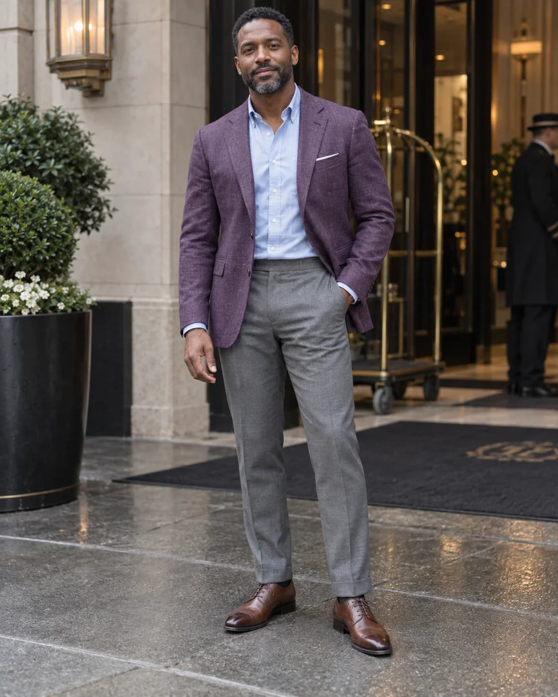 Adult man wearing a purple sport coat, pale blue Oxford, gray trousers and brown leather dress shoes outside a hotel