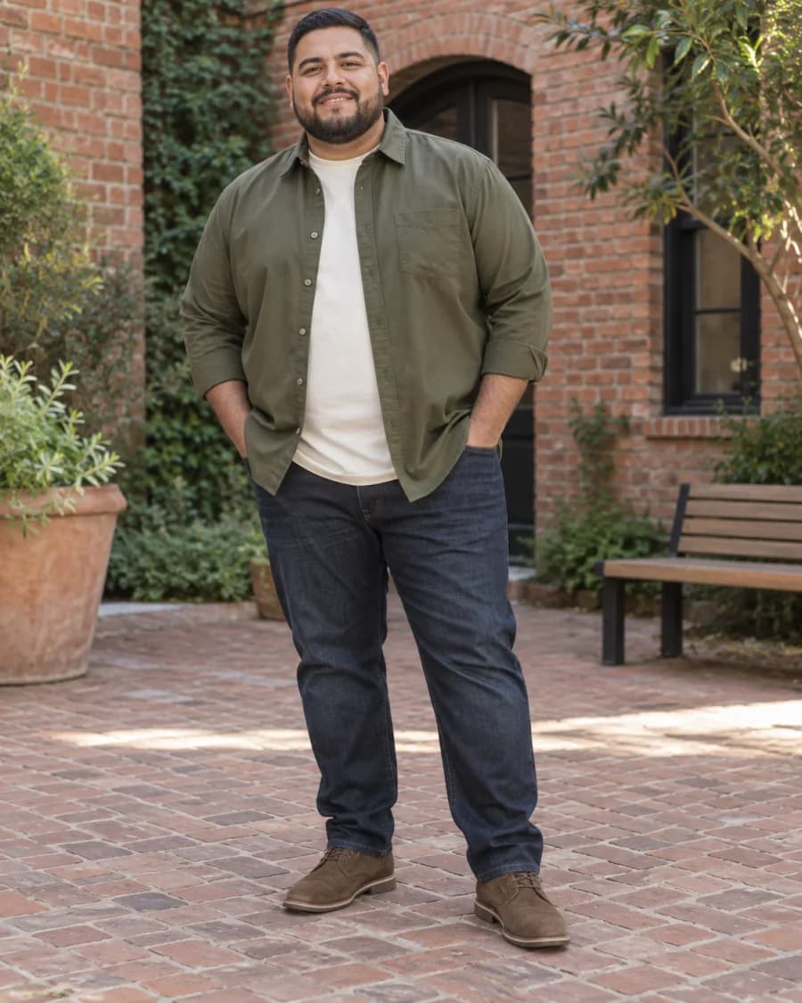 Plus-size Latino man wearing an olive overshirt over a cream tee with dark jeans and brown boots