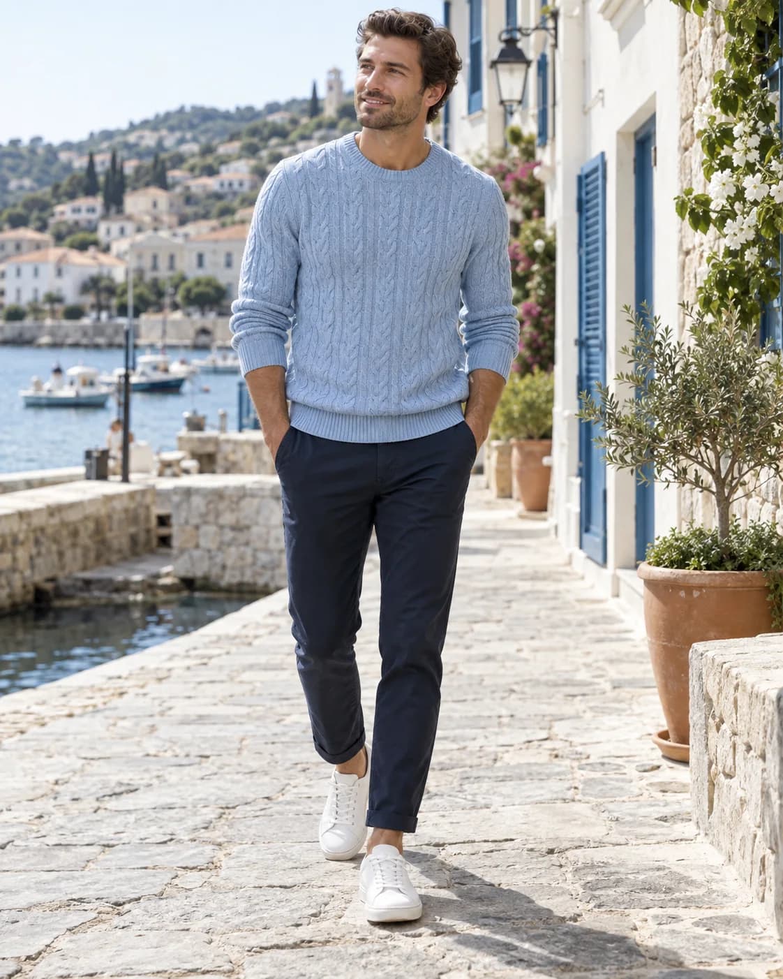Man in a light-blue cable-knit sweater and navy chinos with white sneakers on a sunny coastal street