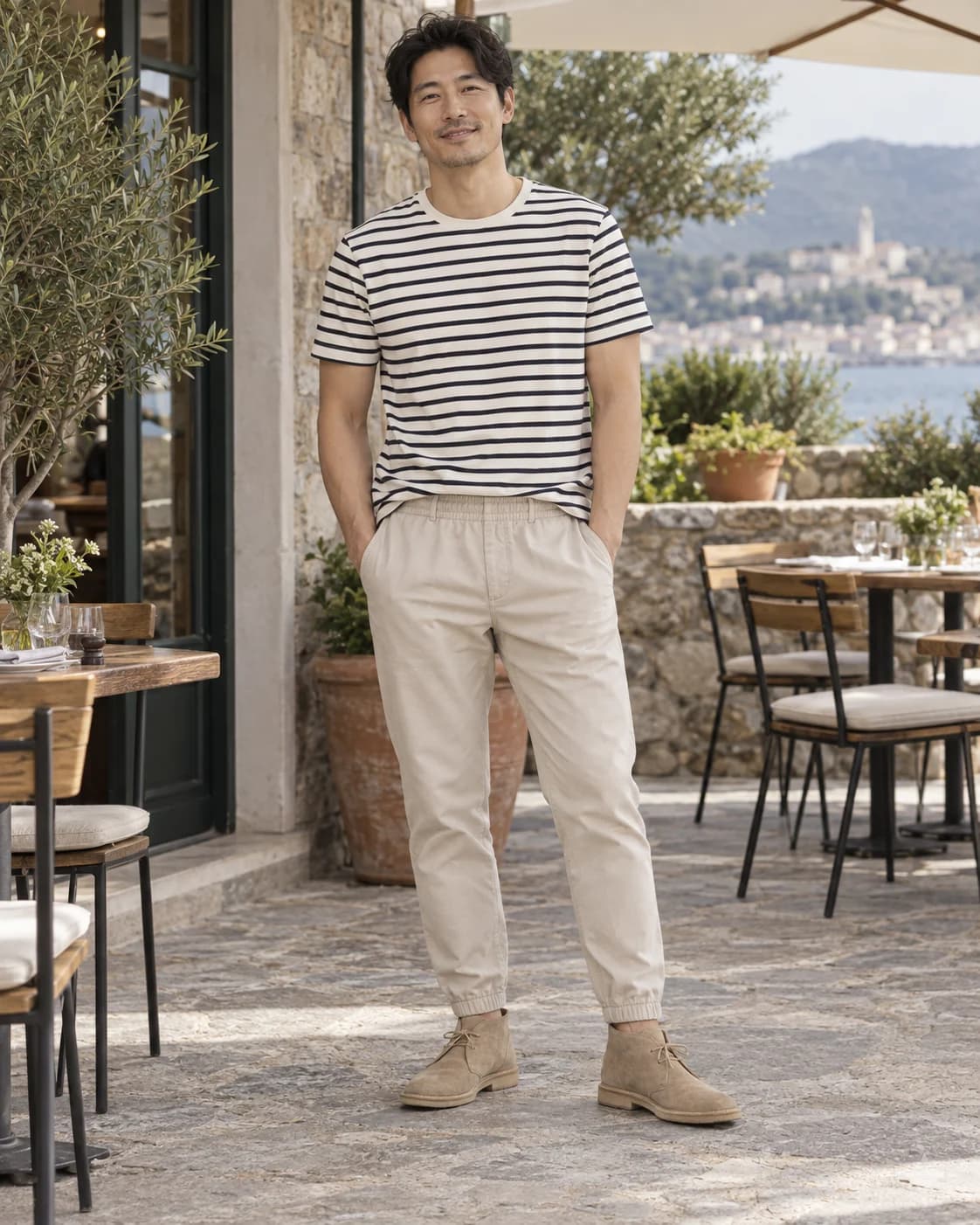 East Asian man in stone chino joggers, a black-and-eggshell striped tee and sand suede desert boots