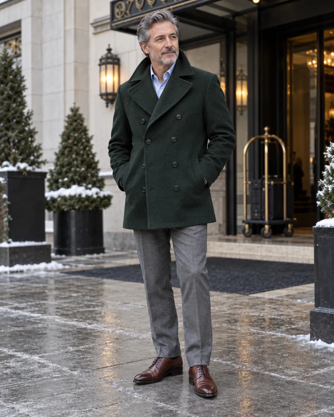 Adult white man wearing a deep green double-breasted wool peacoat over a light blue shirt with gray trousers and brown dress shoes outside a hotel