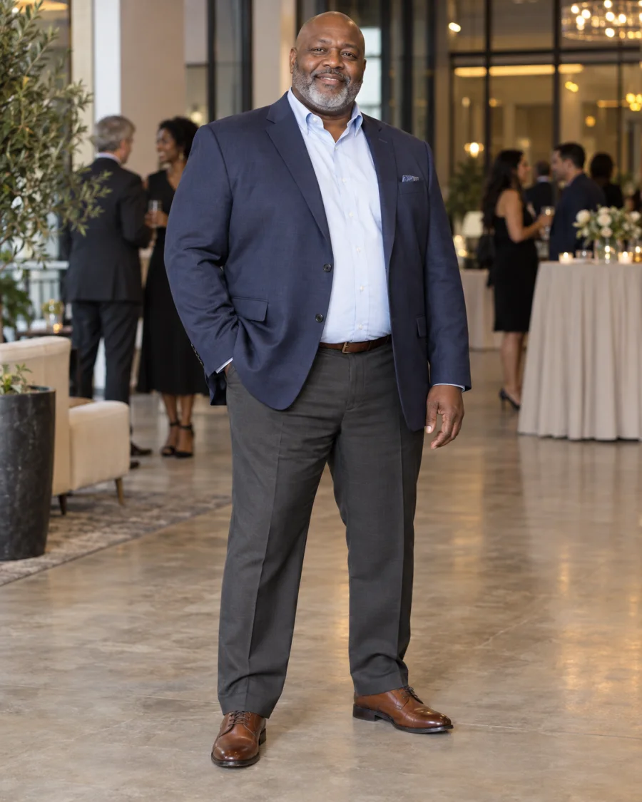 Plus-size man in a navy sport coat, light blue shirt, charcoal trousers and brown dress shoes at an indoor event