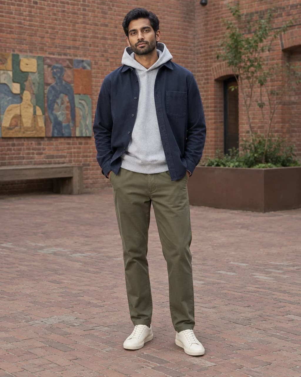 Man in navy overshirt over grey hoodie, relaxed olive chinos and off-white sneakers in a brick courtyard