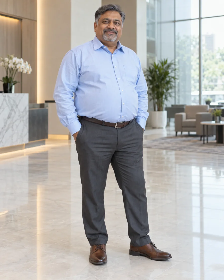 Plus-size man in a light blue button-down, charcoal trousers and brown shoes in a bright office