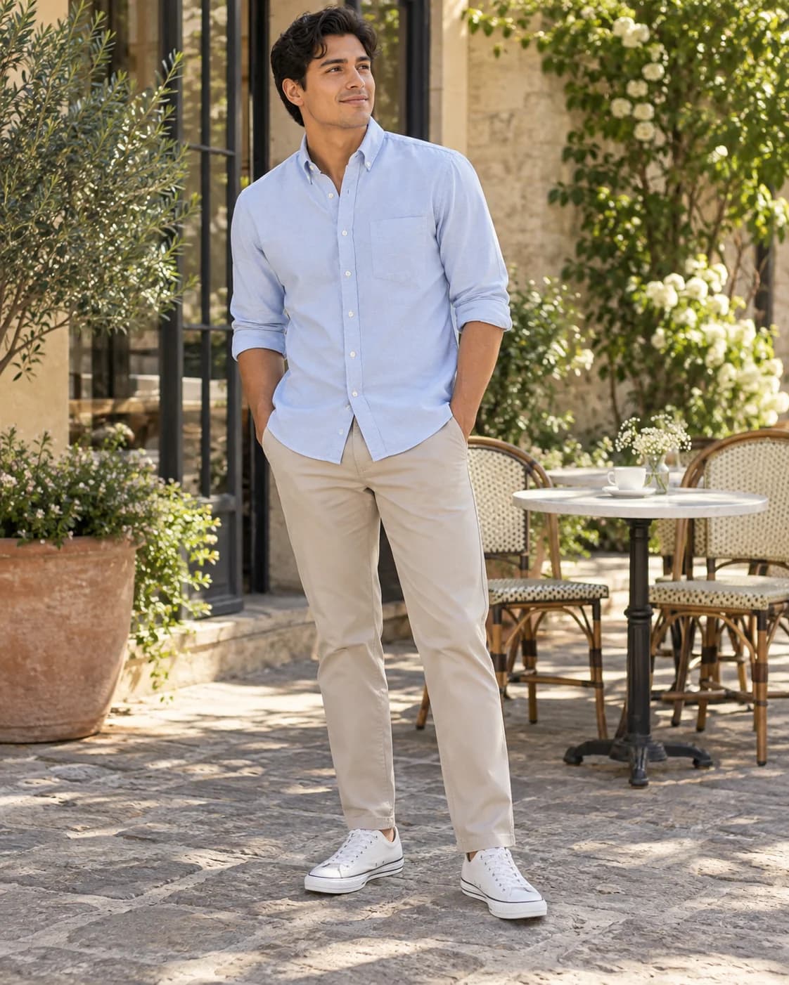 Adult Latino man wearing optical white low-top canvas sneakers with stone chinos and a pale blue Oxford near a cafe
