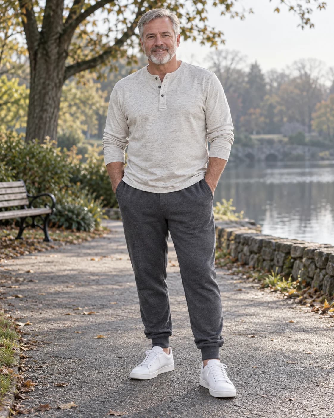 White man wearing charcoal fleece joggers, an oatmeal Henley and clean white trainers